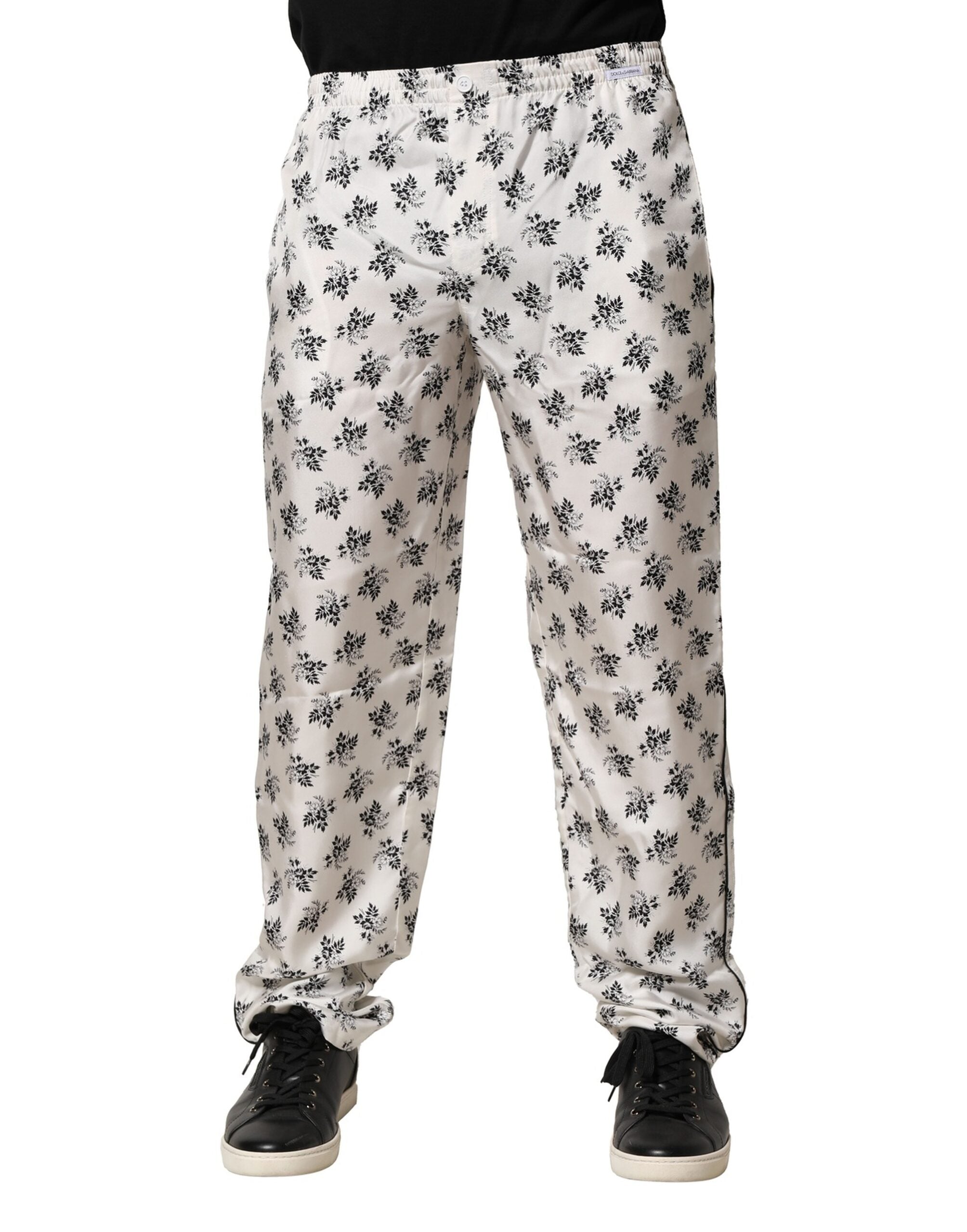 White Floral Silk Casual Lounge Pants - ventzia