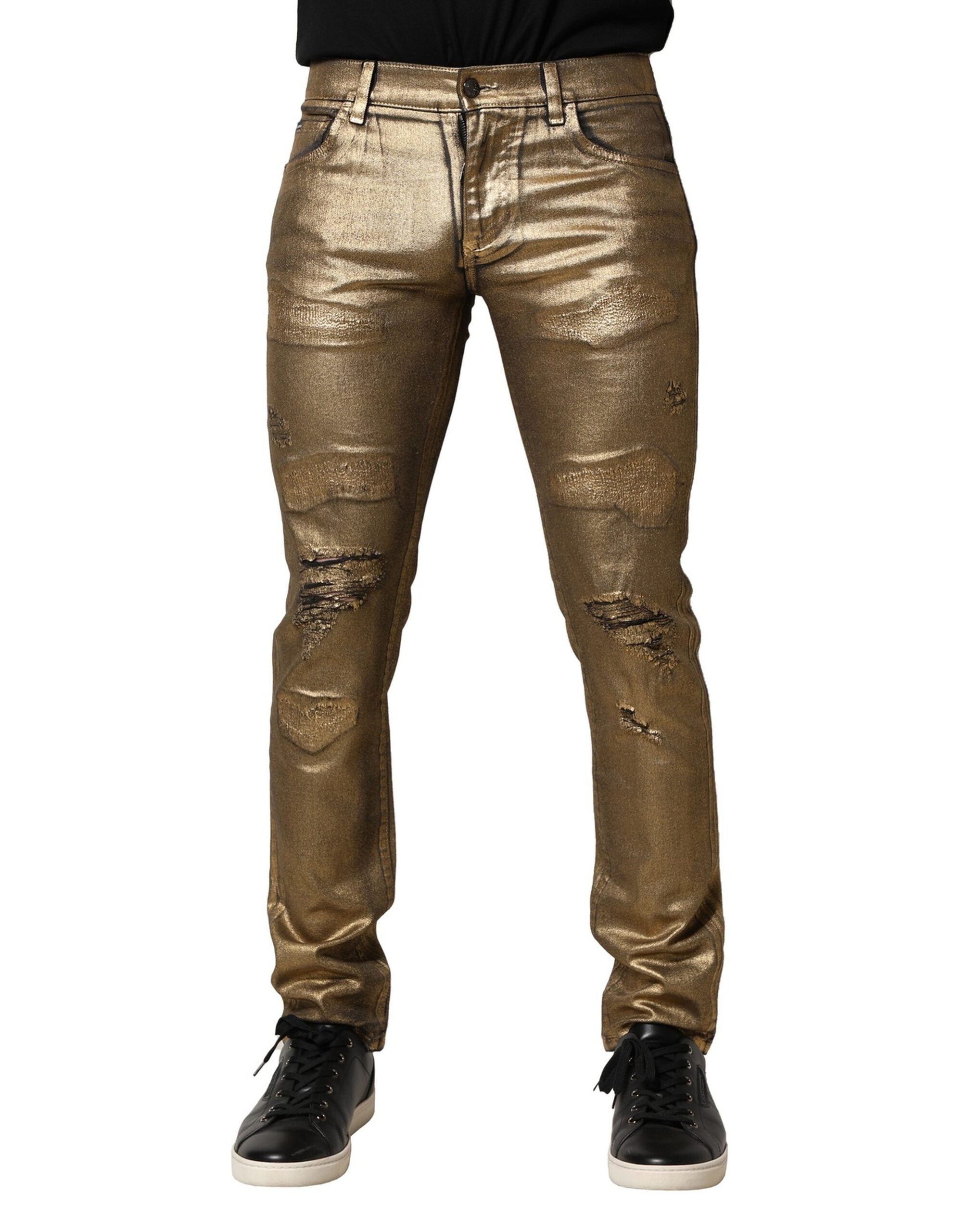 Gold Tattered Cotton Stretch Slim Denim Jeans - ventzia