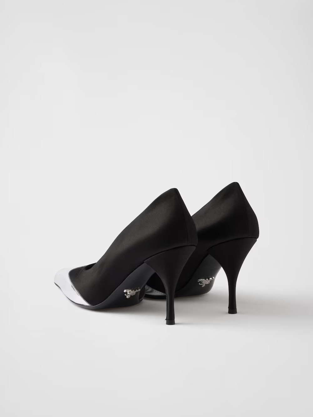 Black Satin And Metallic Silver Leather Pumps - ventzia