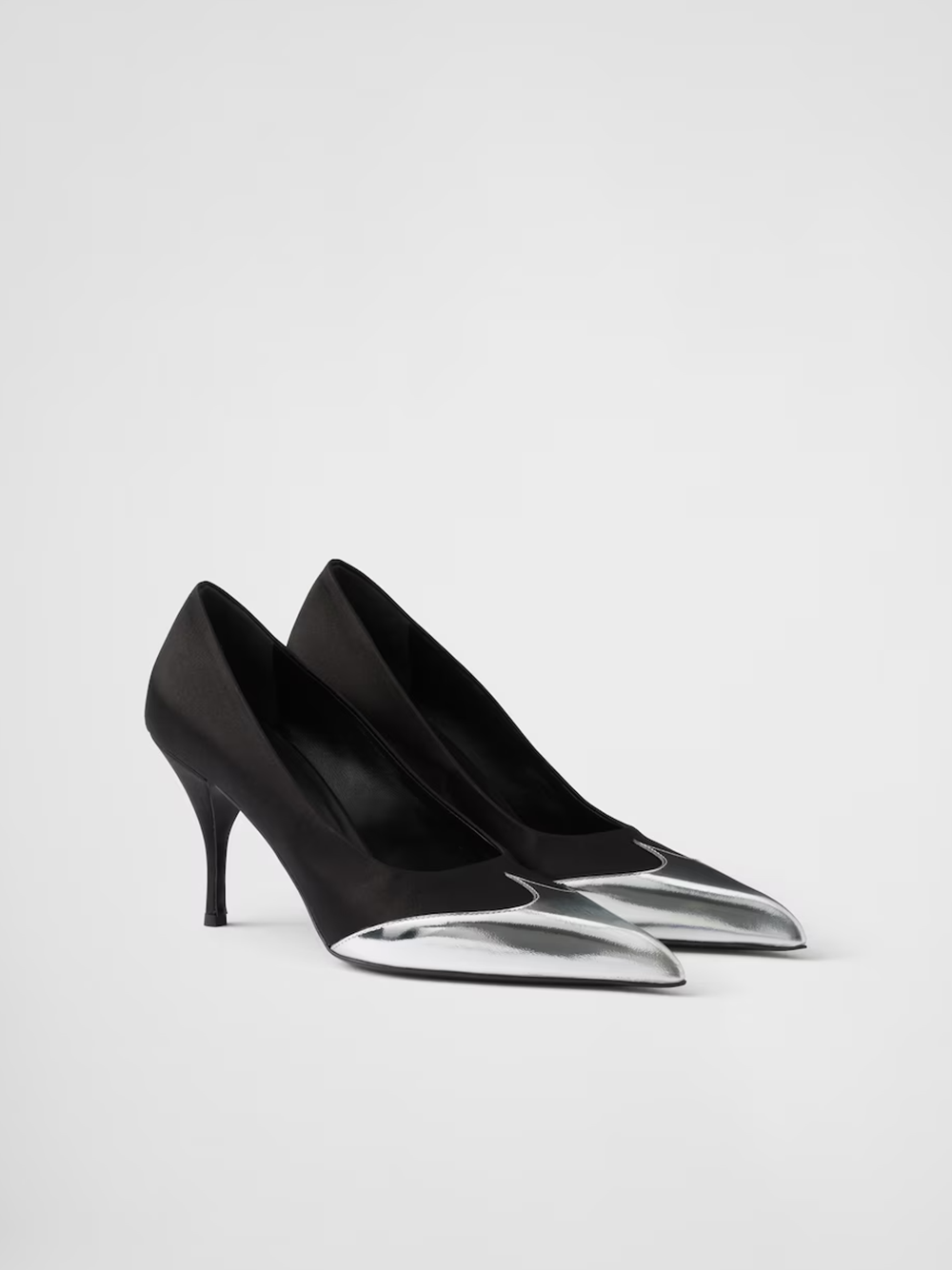 Black Satin And Metallic Silver Leather Pumps - ventzia