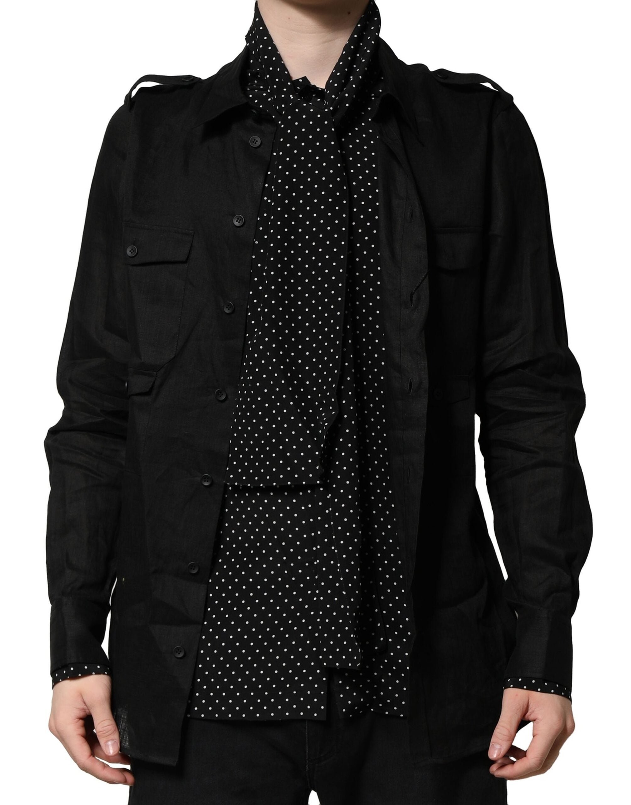 Black Polka Dot Collar Tie Neck Casual Shirt - ventzia