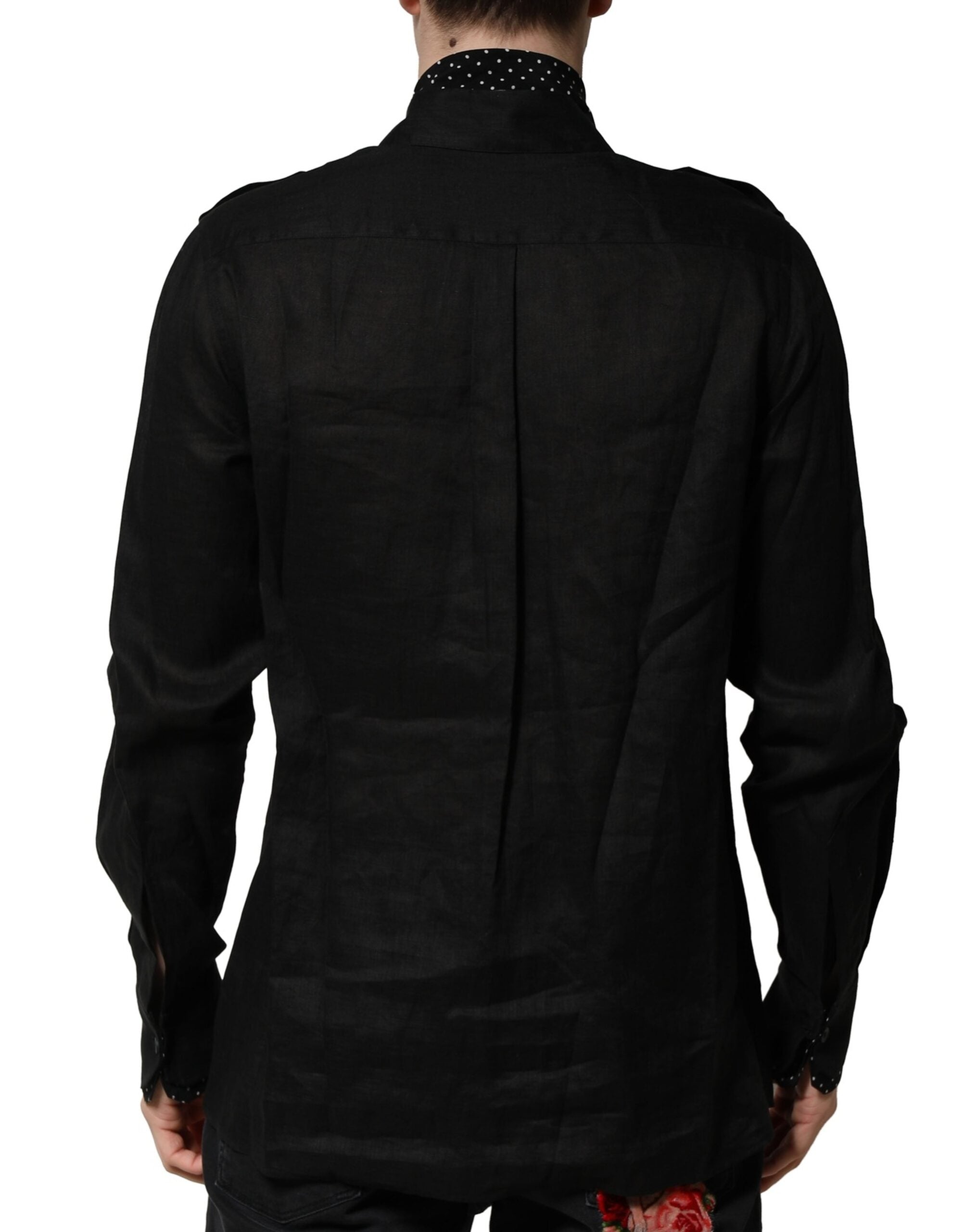 Black Polka Dot Collar Tie Neck Casual Shirt - ventzia
