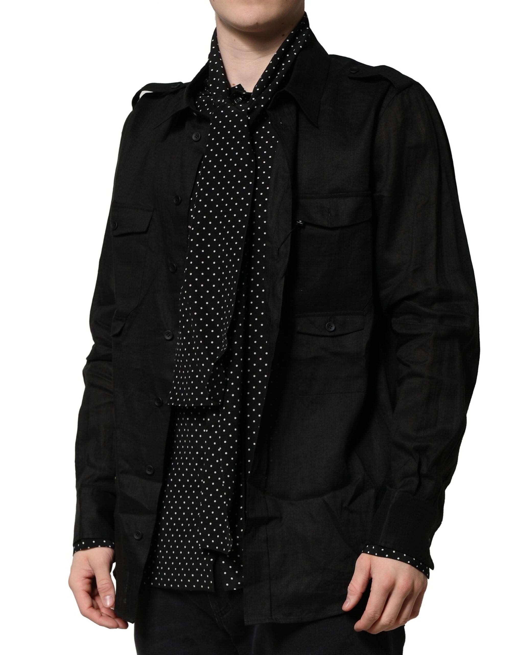 Black Polka Dot Collar Tie Neck Casual Shirt - ventzia