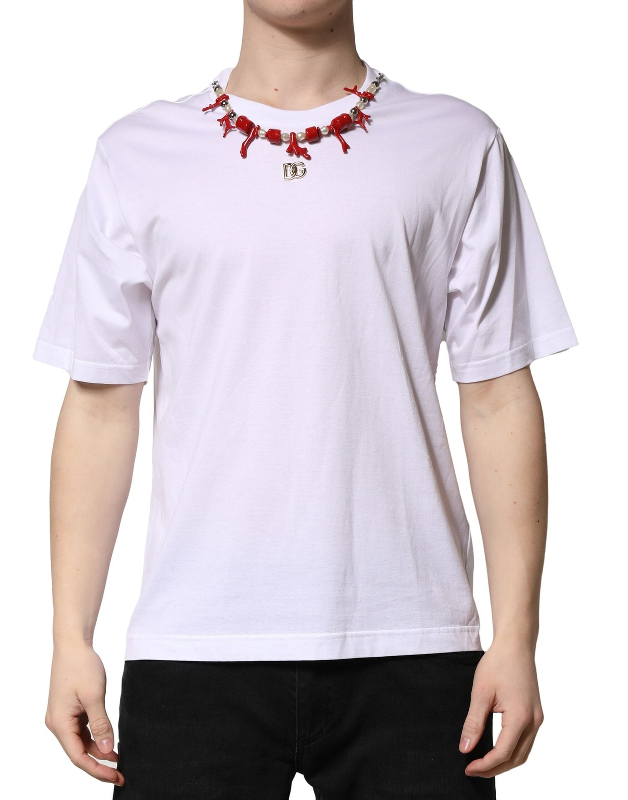 White Embellished Cotton Crew Neck T-shirt - ventzia