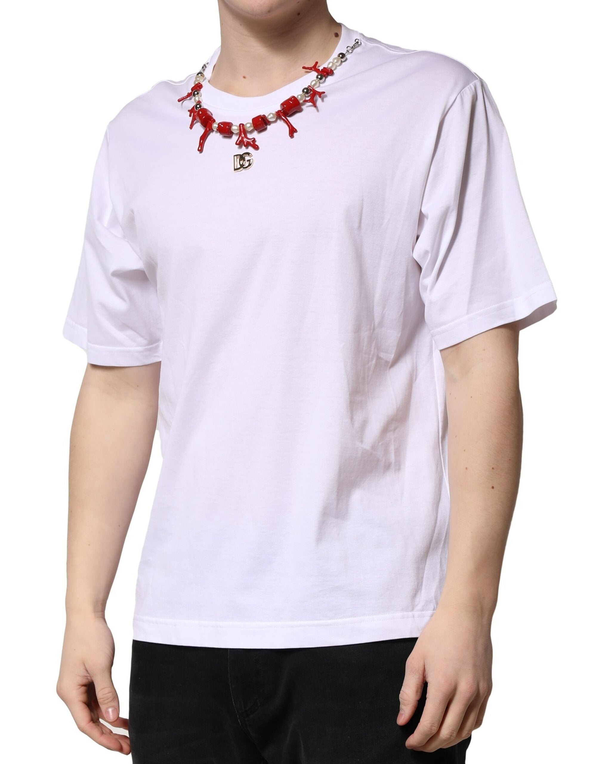 White Embellished Cotton Crew Neck T-shirt - ventzia