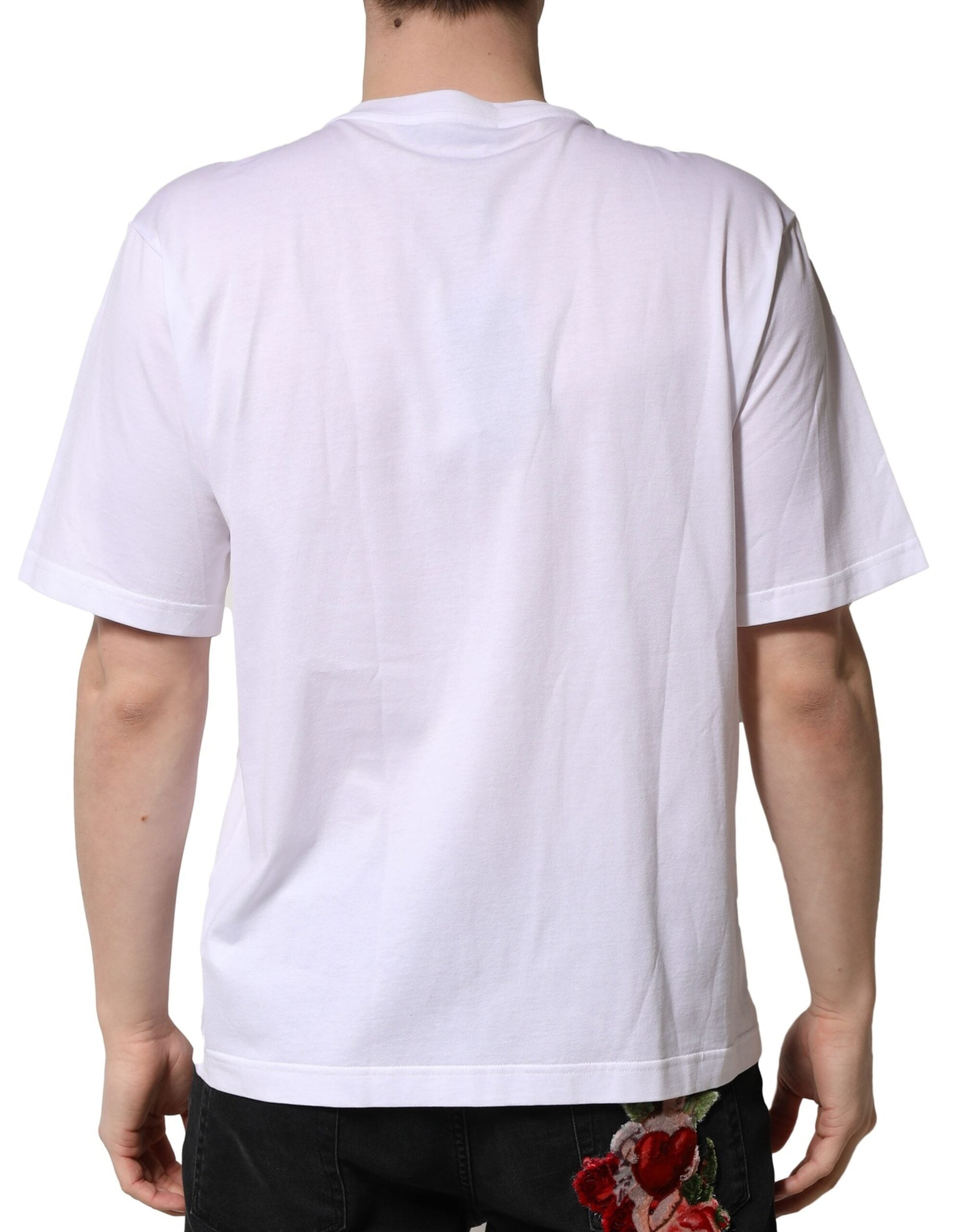 White Embellished Cotton Crew Neck T-shirt - ventzia