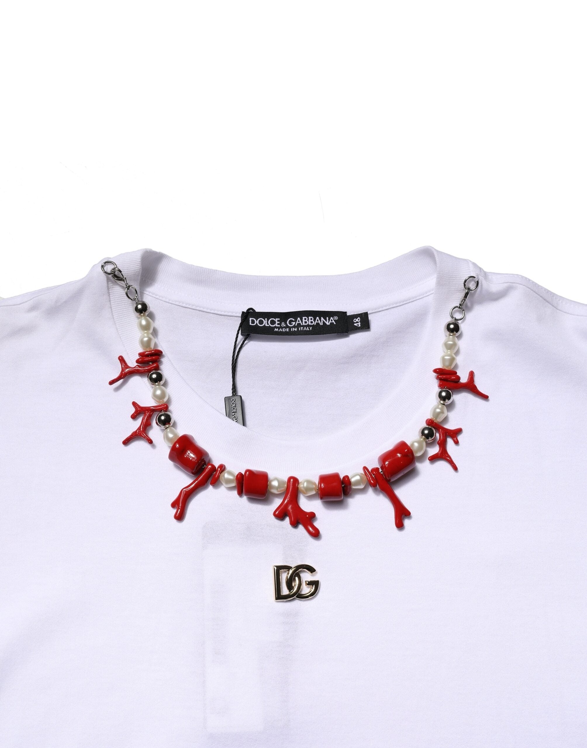 White Embellished Cotton Crew Neck T-shirt - ventzia