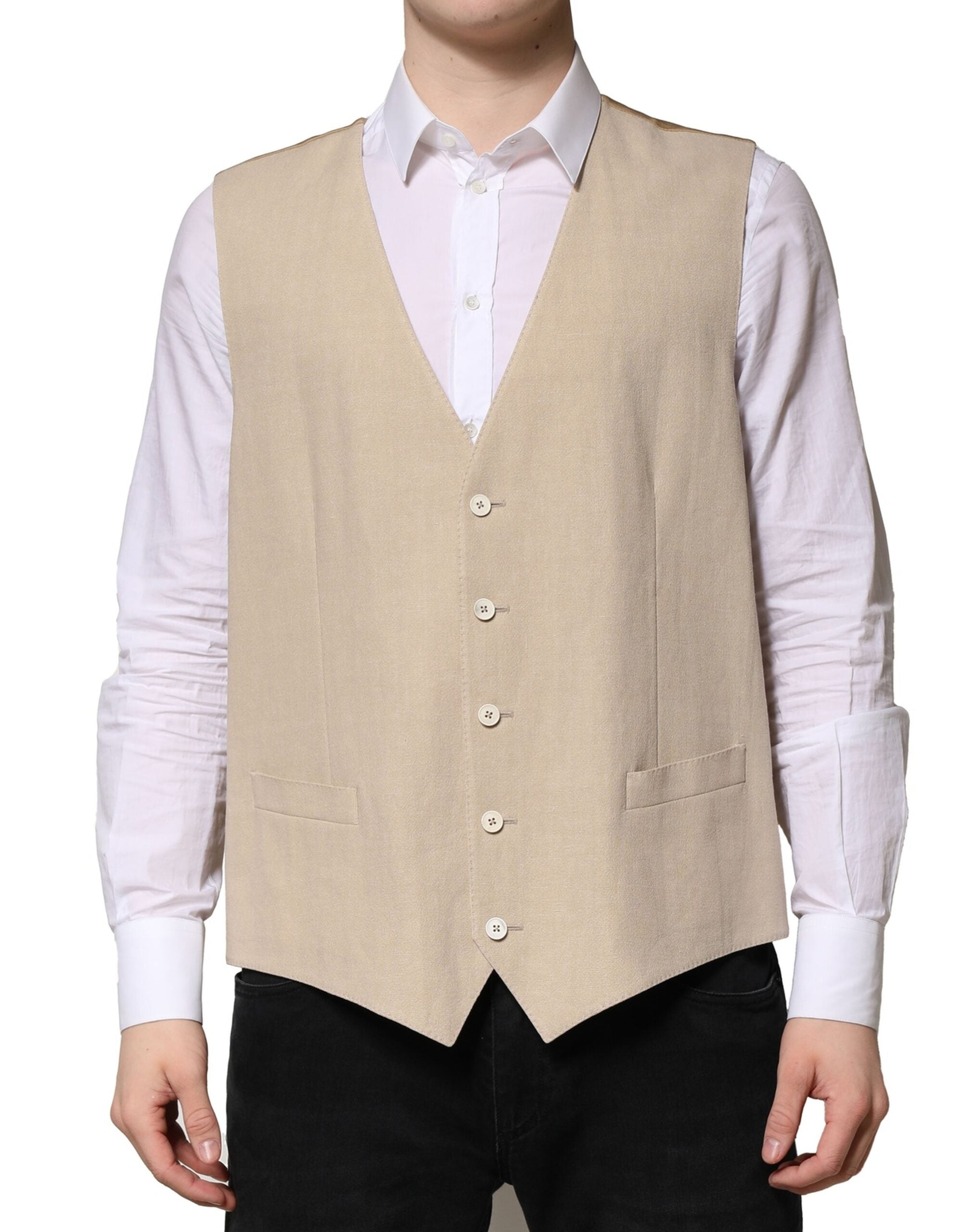 Beige Linen Dress Formal Men Waistcoat Vest - ventzia