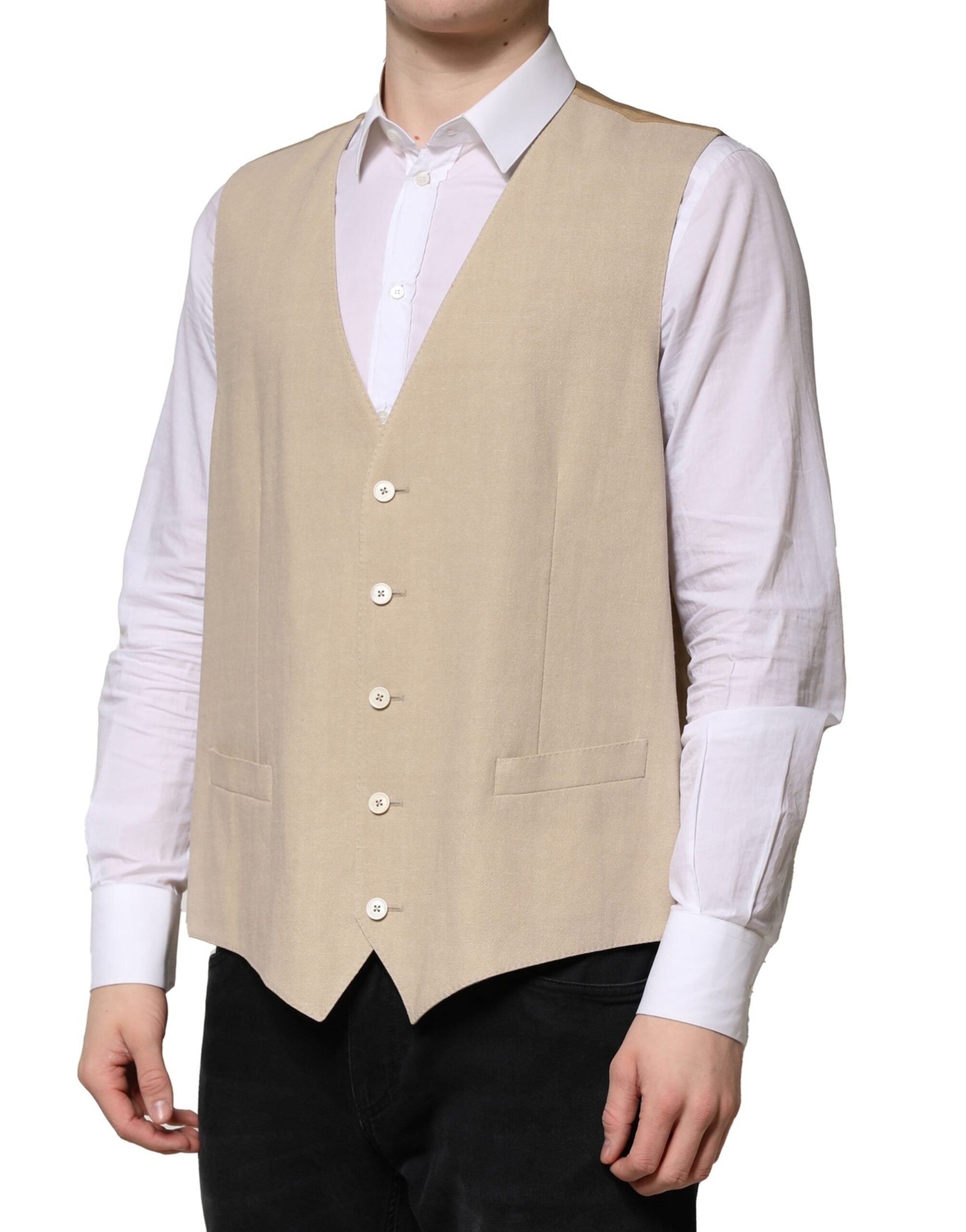 Beige Linen Dress Formal Men Waistcoat Vest - ventzia