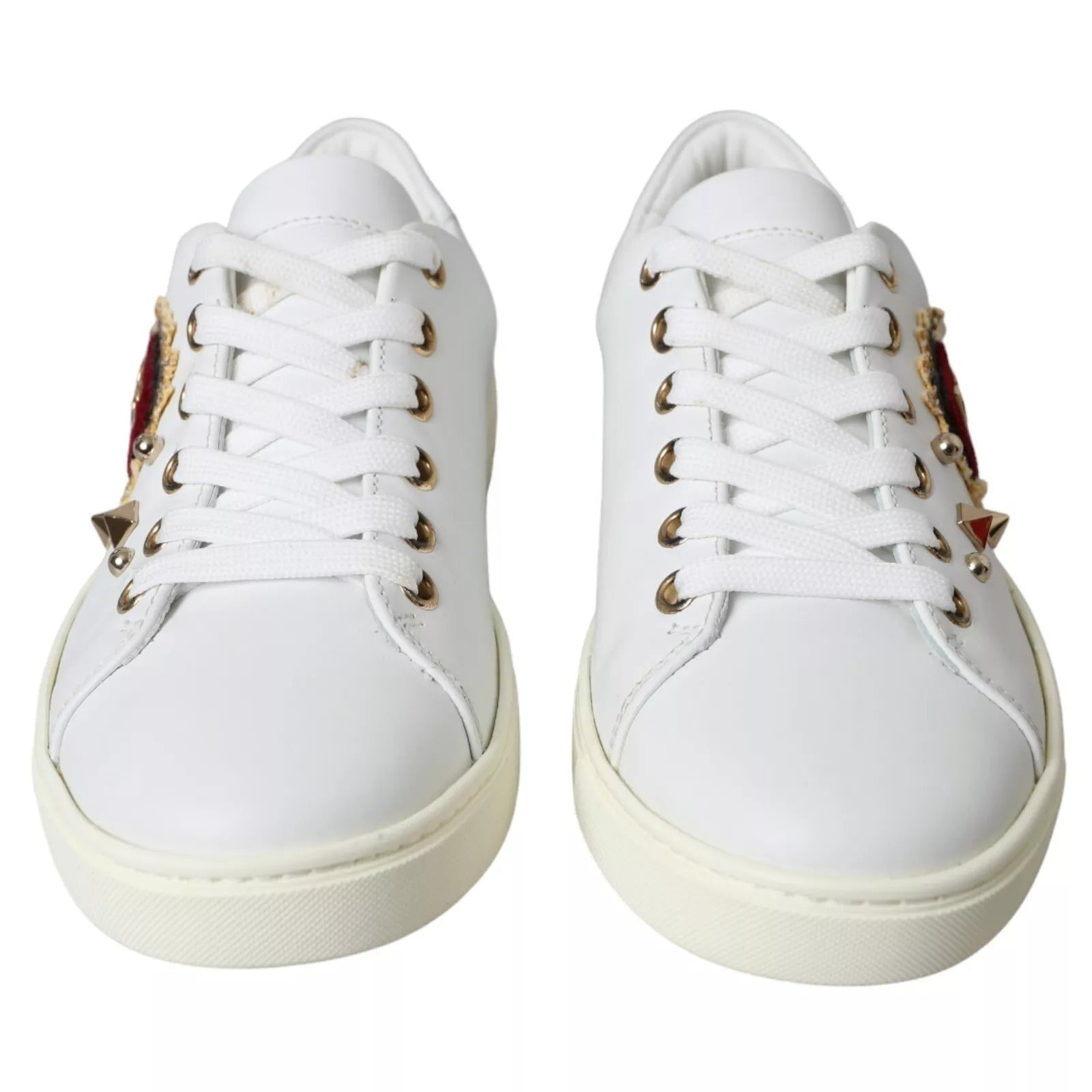 White Leather Gold Red Heart Sneakers Shoes - ventzia