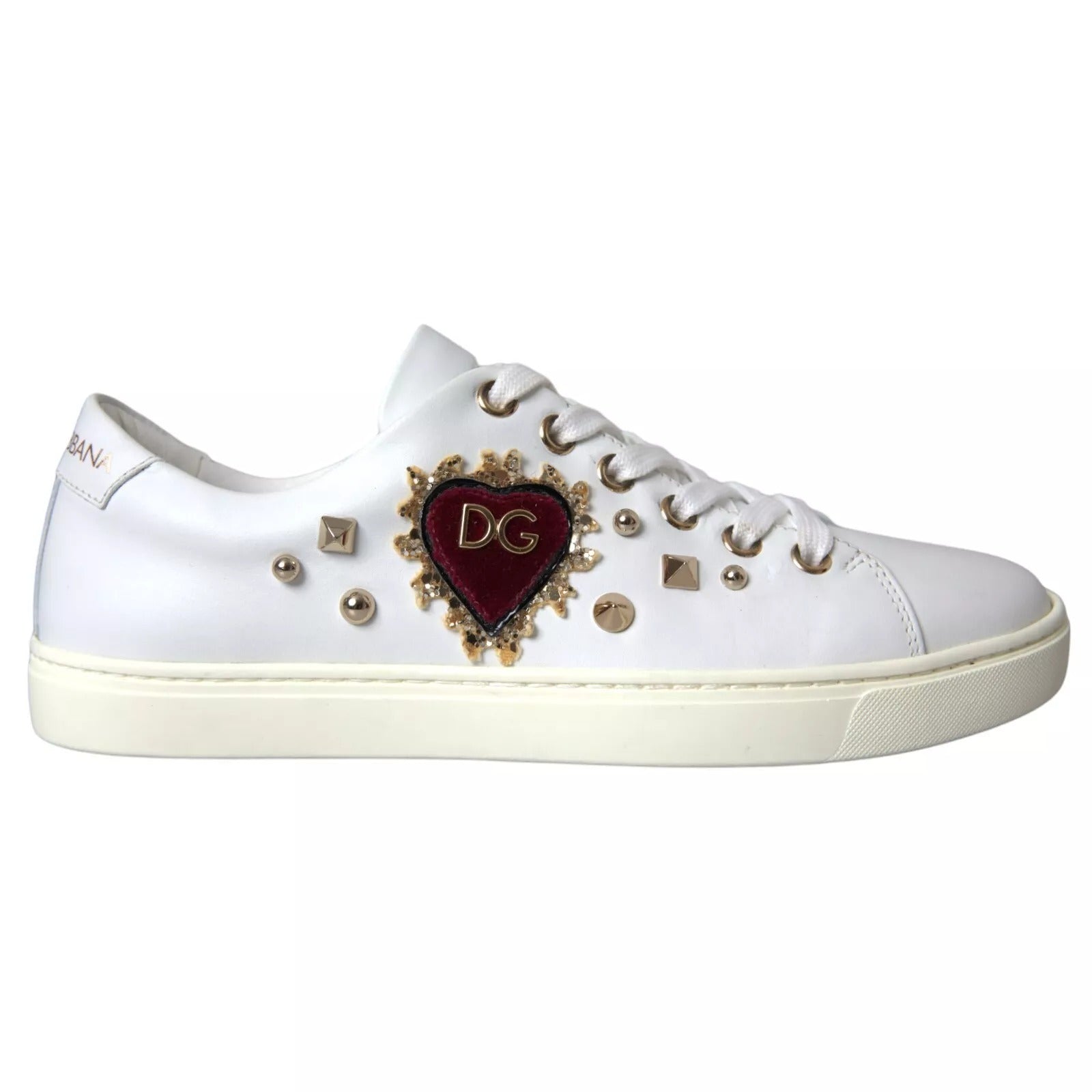 White Leather Gold Red Heart Sneakers Shoes - ventzia