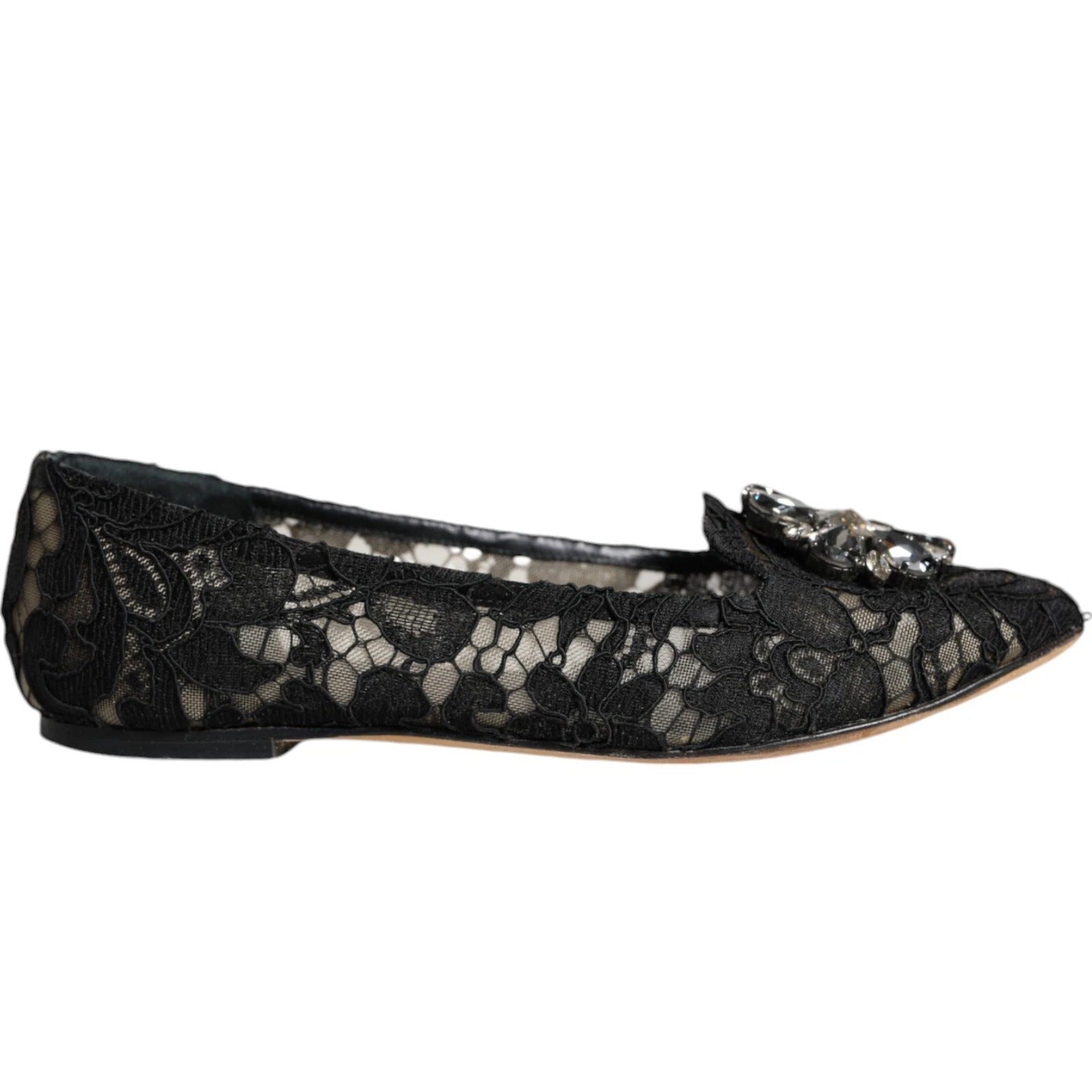 Black Lace Crystal Ballet Flats Loafer Shoes - ventzia