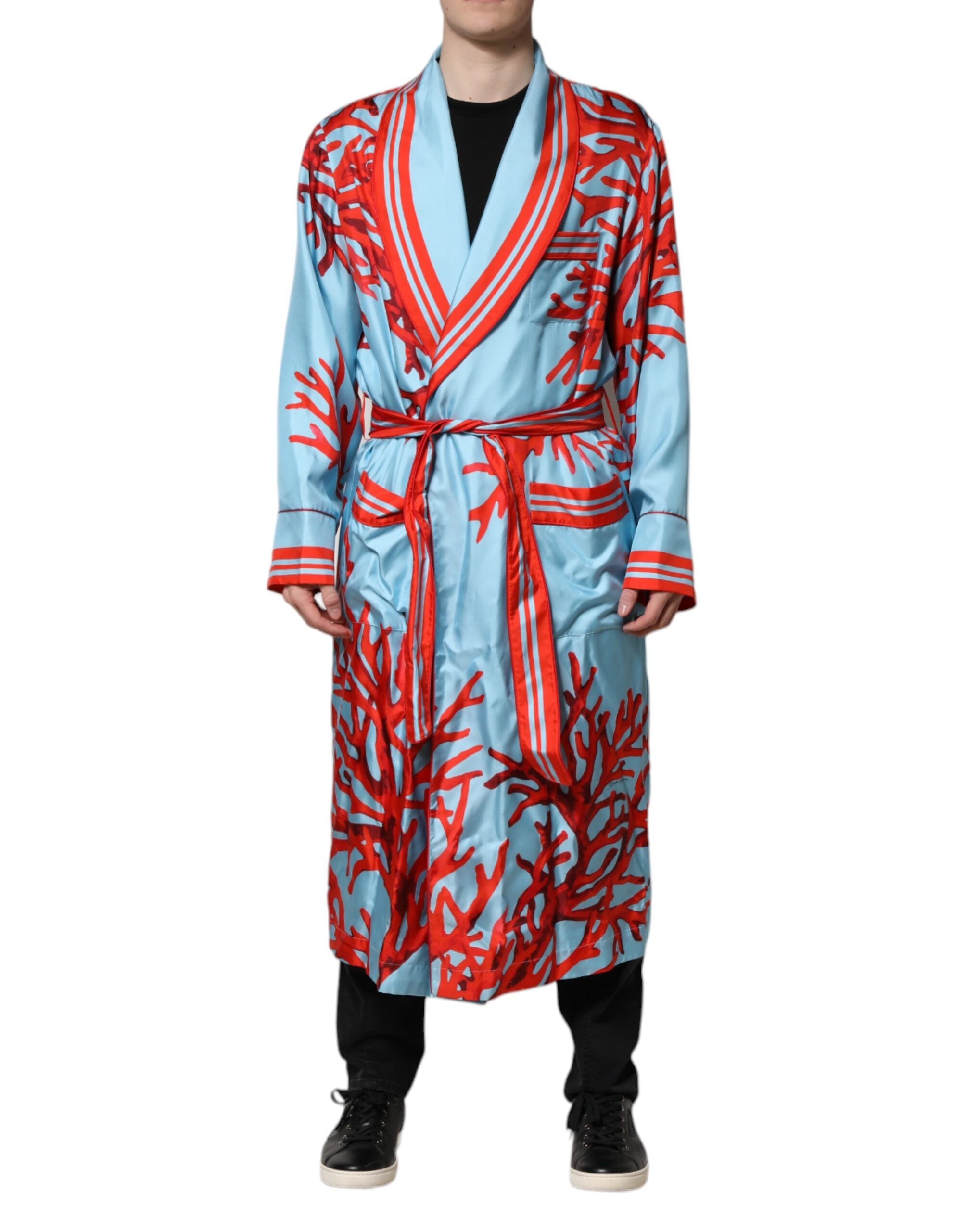 Blue Red Coral Print Wrap Robe Coat Jacket - ventzia