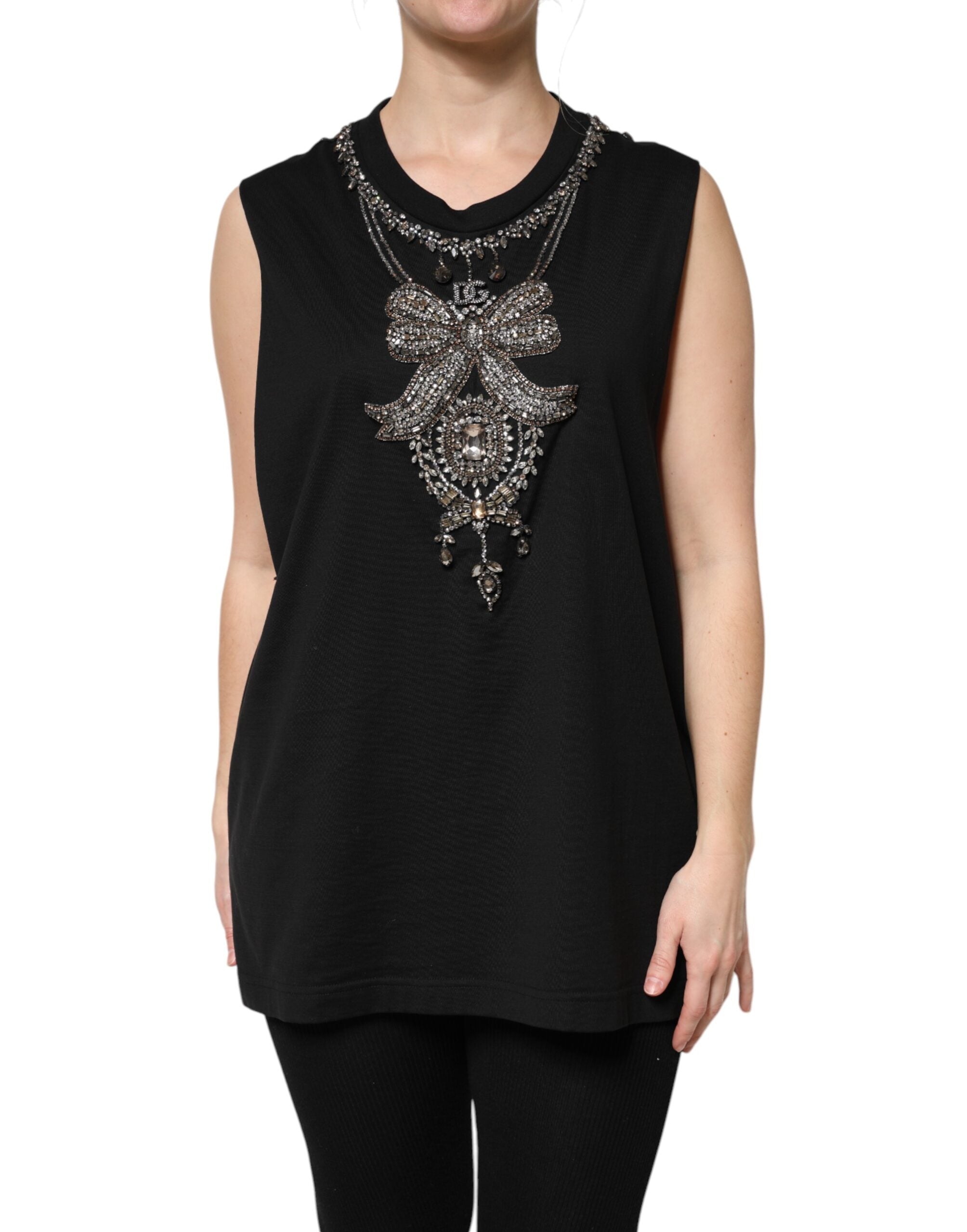 Black Cotton Rhinestone Embellished Tank Top - ventzia