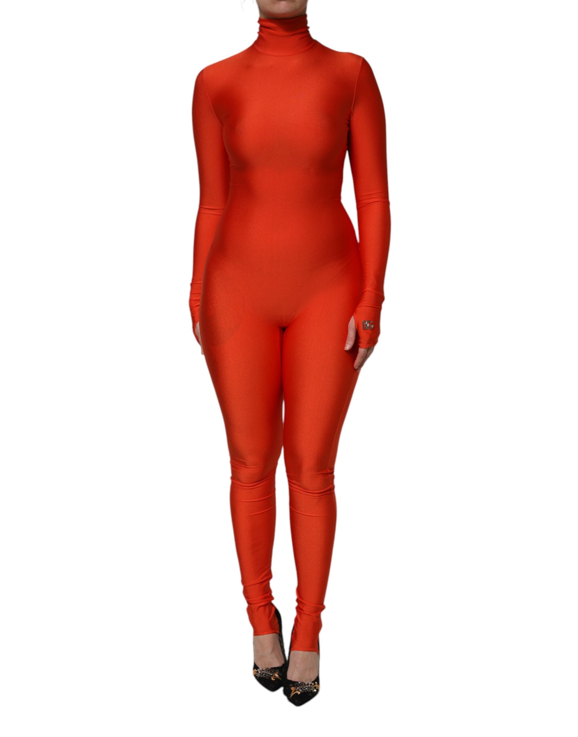 Red Nylon Turtleneck Bodycon Jumpsuit Dress - ventzia