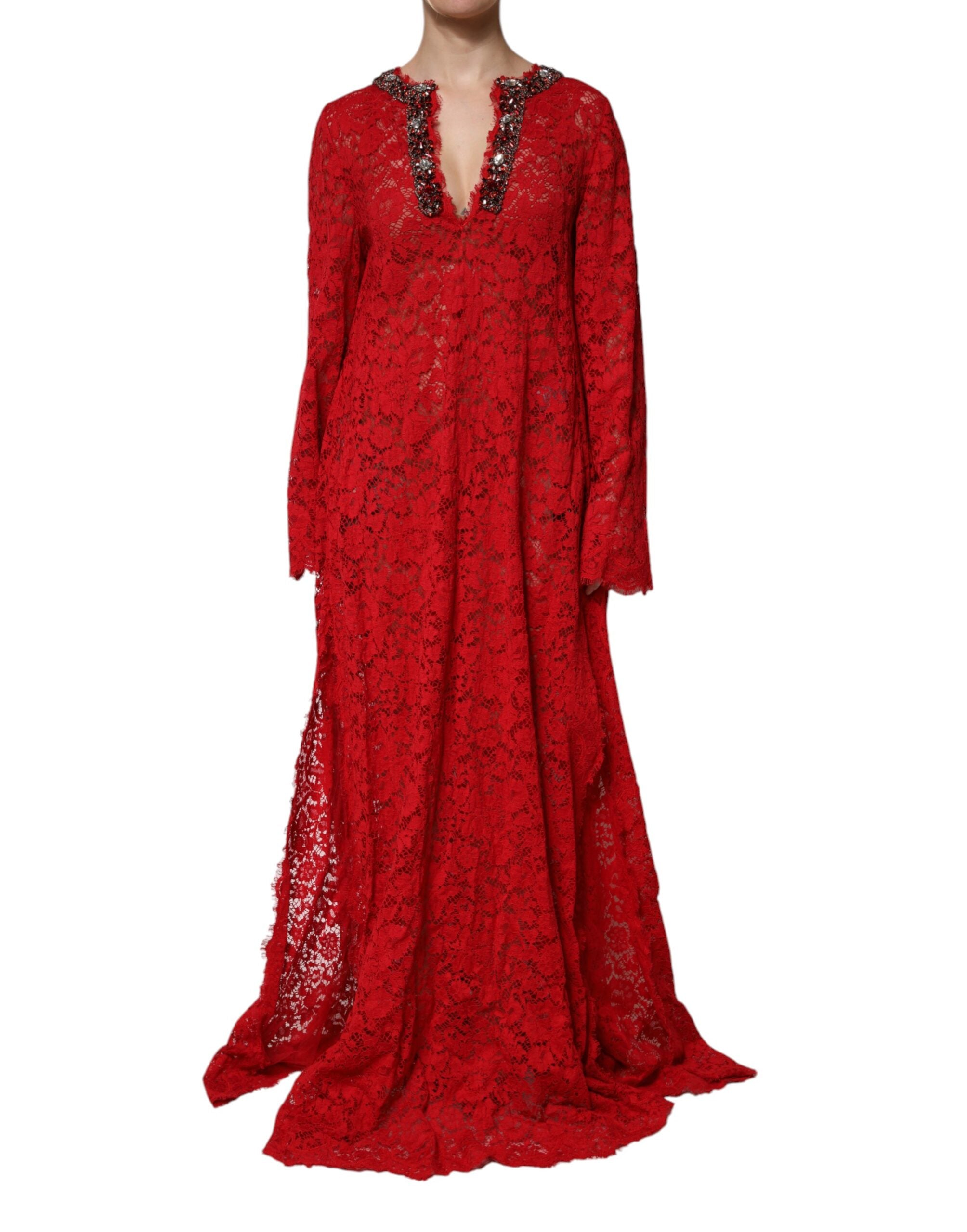Red Floral Lace Rhinestone Embellished Dress - ventzia