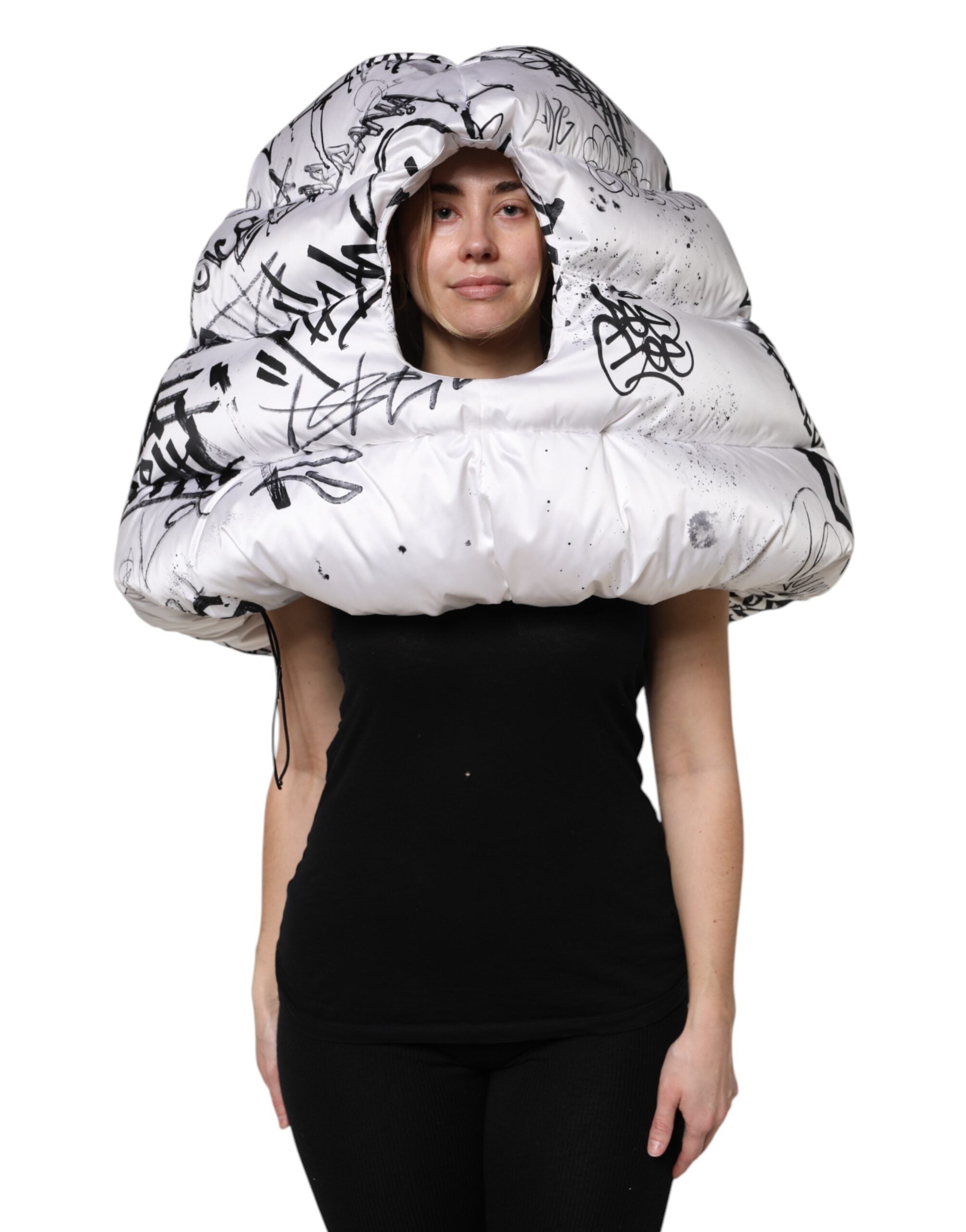 White Polyester Printed Hood Quilted Hat - ventzia