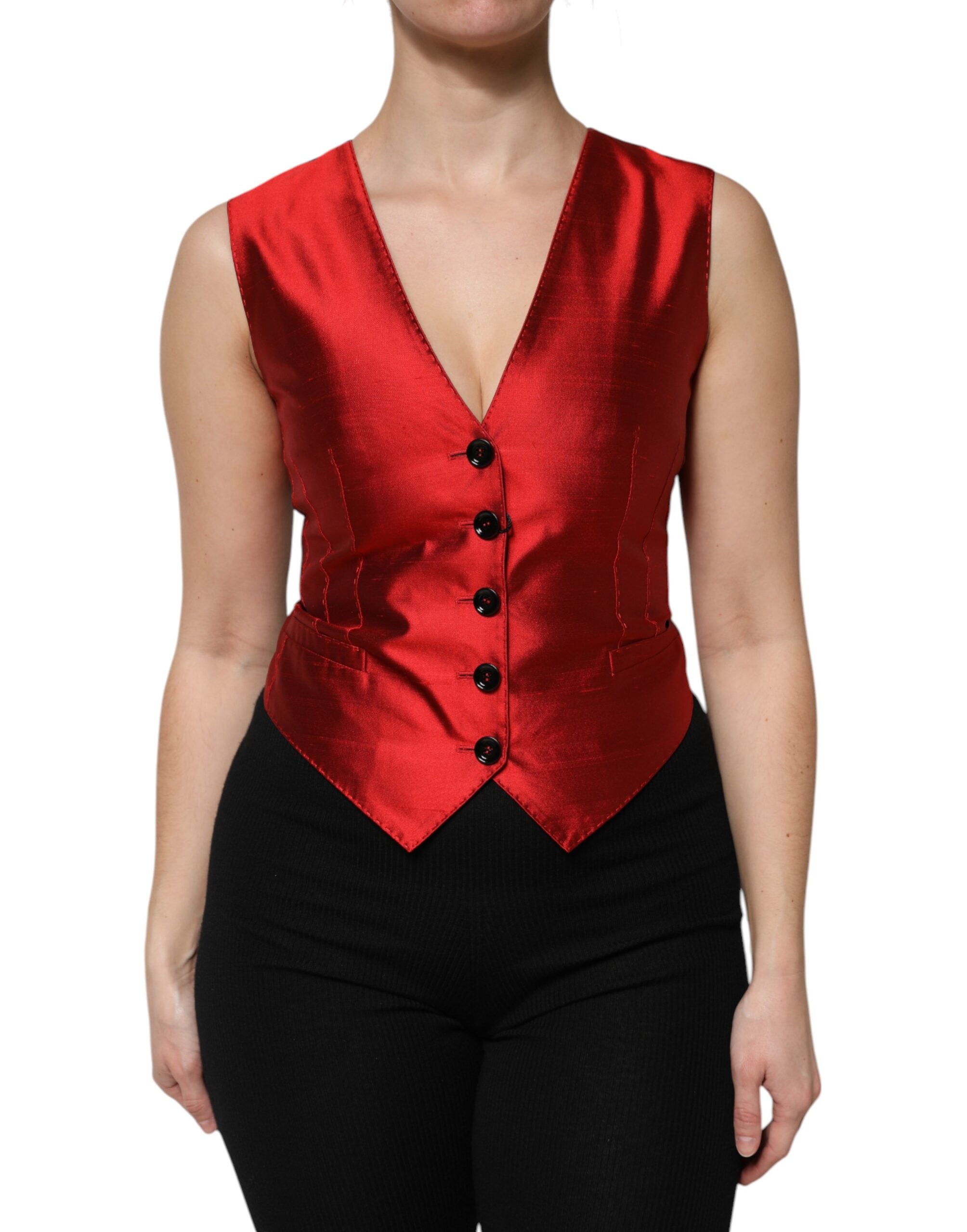 Red Black Button Down Sleeveless Vest Top - ventzia