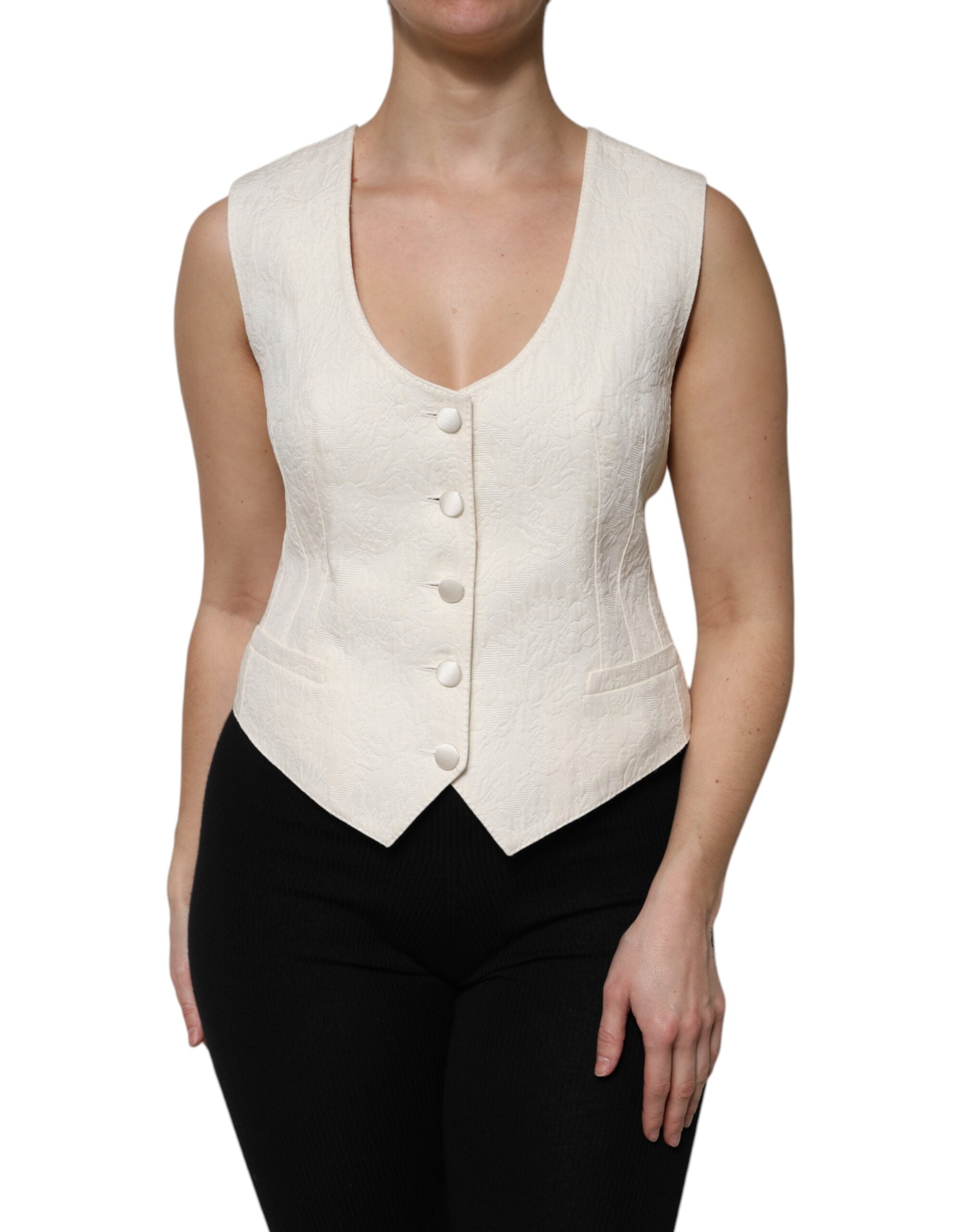 Ivory Cotton Button Down Sleeveless Vest Top - ventzia