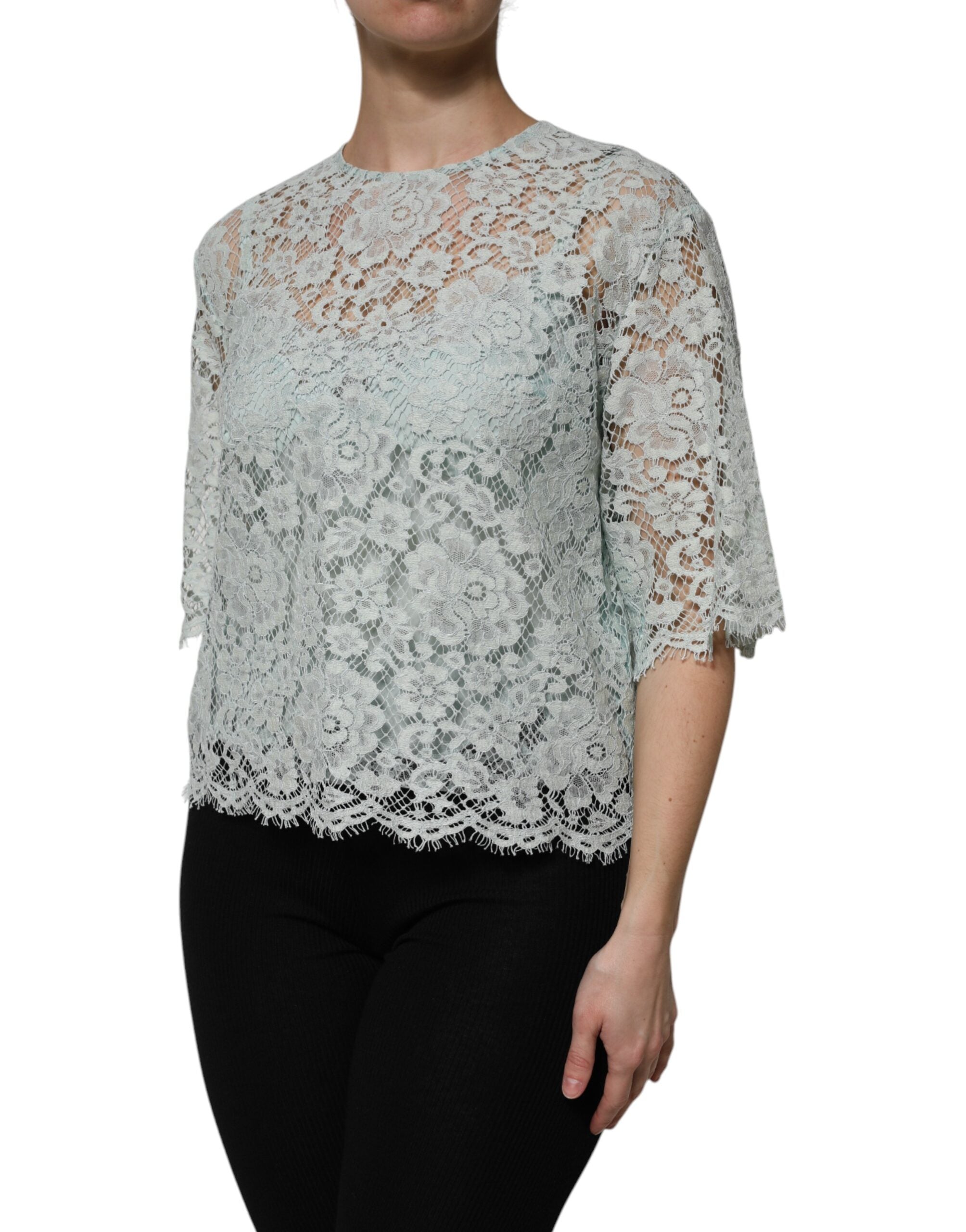Mint Green Floral Lace Cotton Blouse Top - ventzia