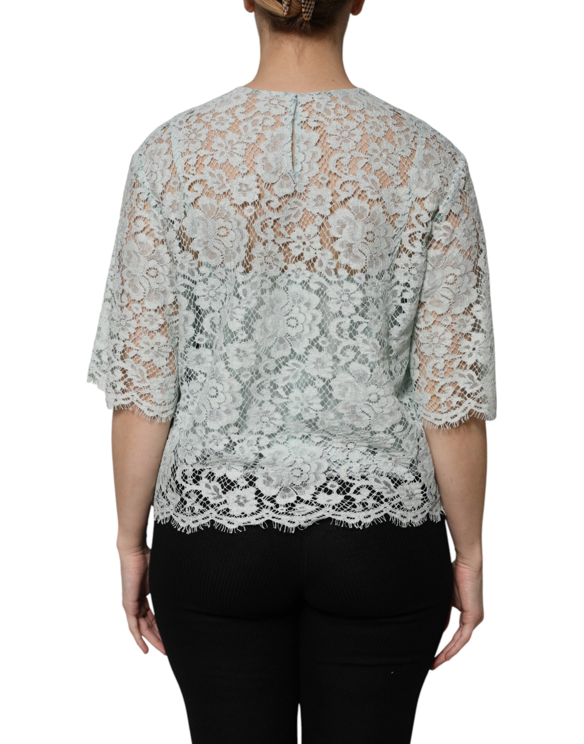 Mint Green Floral Lace Cotton Blouse Top - ventzia