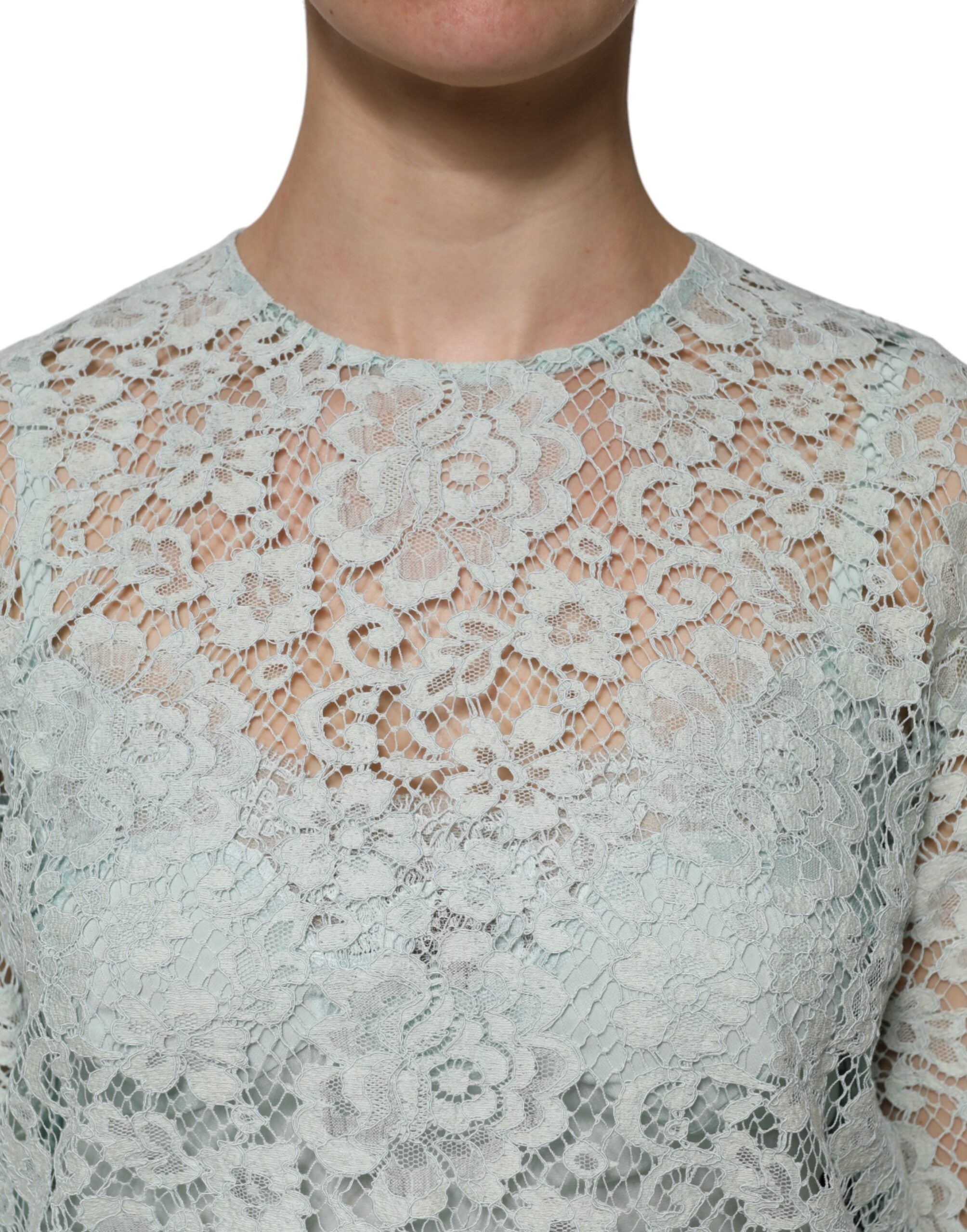 Mint Green Floral Lace Cotton Blouse Top - ventzia