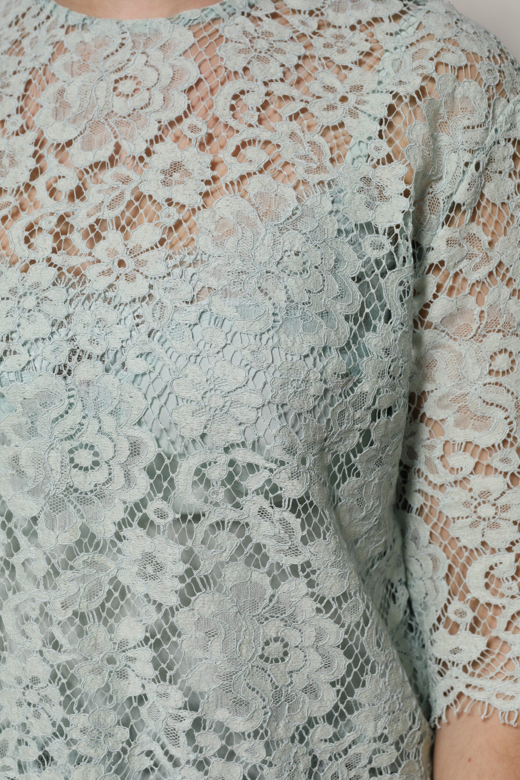 Mint Green Floral Lace Cotton Blouse Top - ventzia