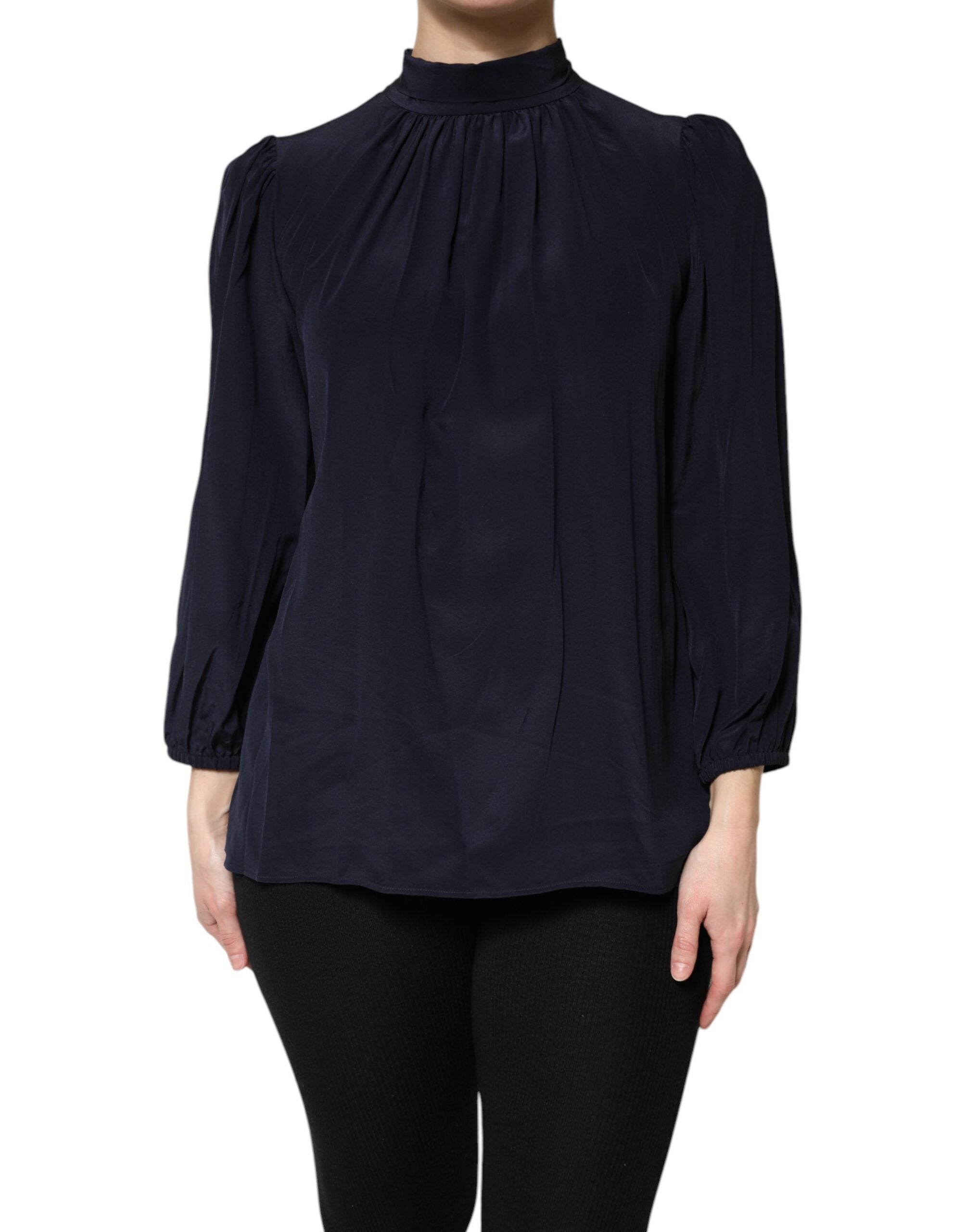 Blue Silk Mock Neck Long Sleeves Blouse Top - ventzia