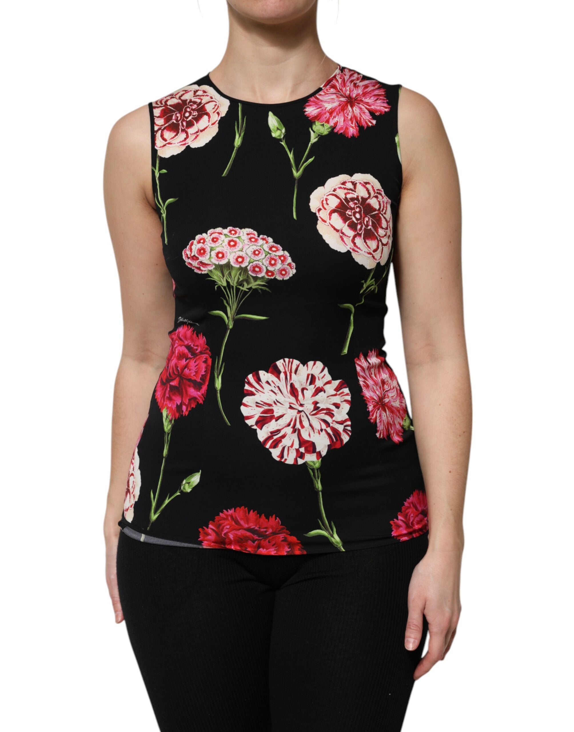 Black Floral Print Sleeveless Tank Blouse Top - ventzia