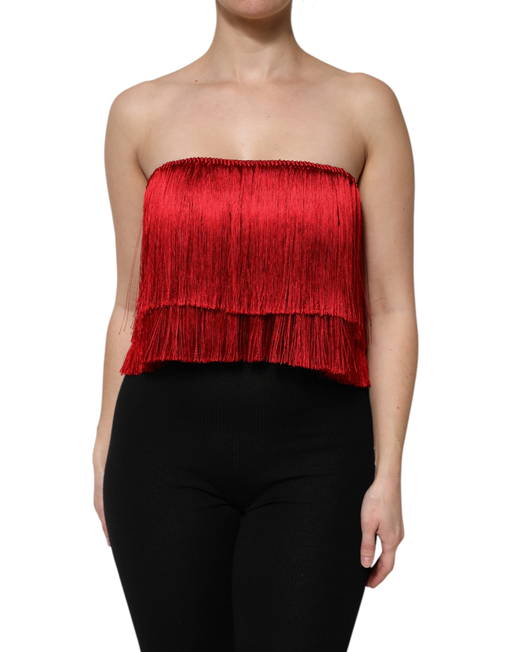 Red Silk Strapless Fringe Crop Tube Top - ventzia