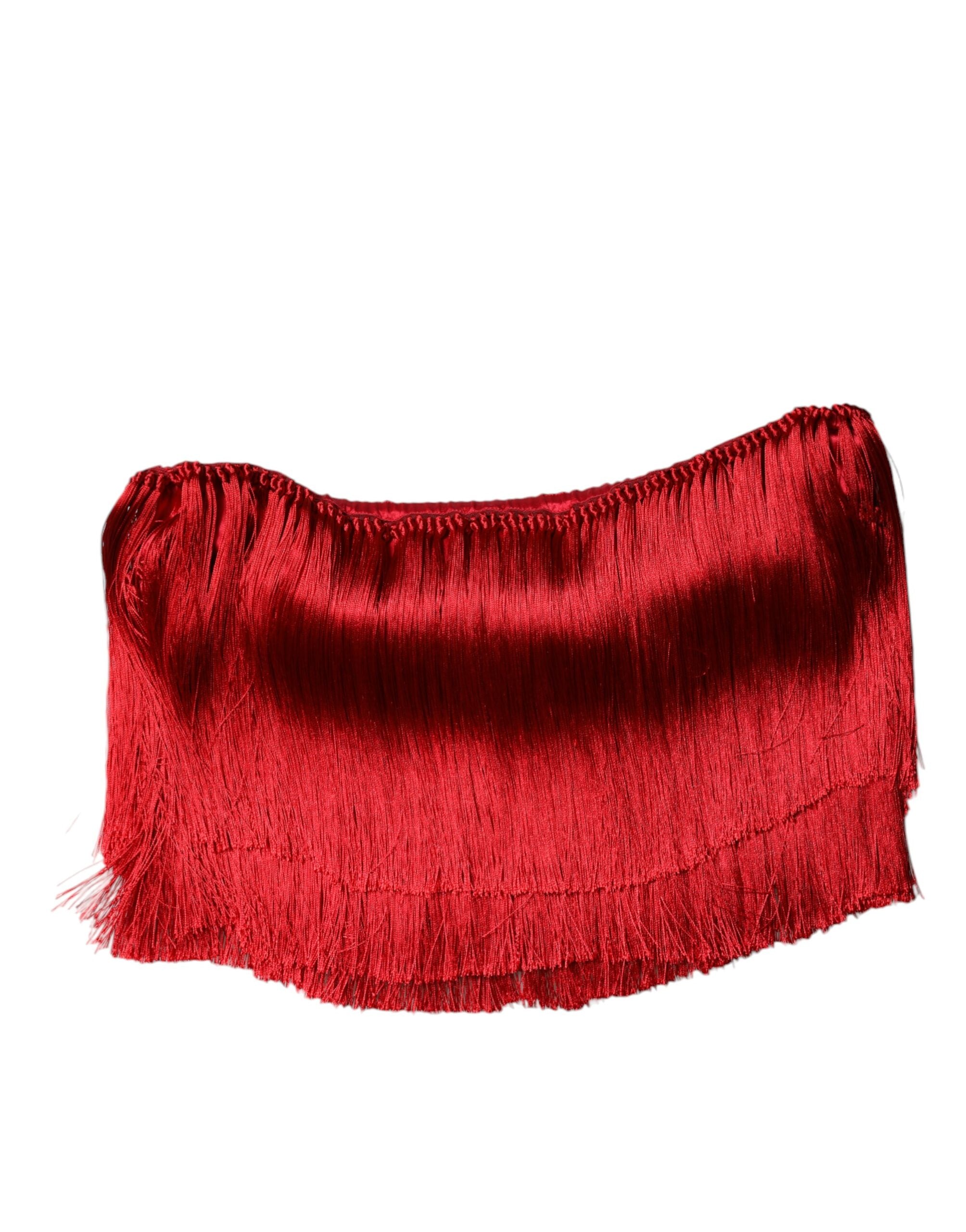 Red Silk Strapless Fringe Crop Tube Top - ventzia