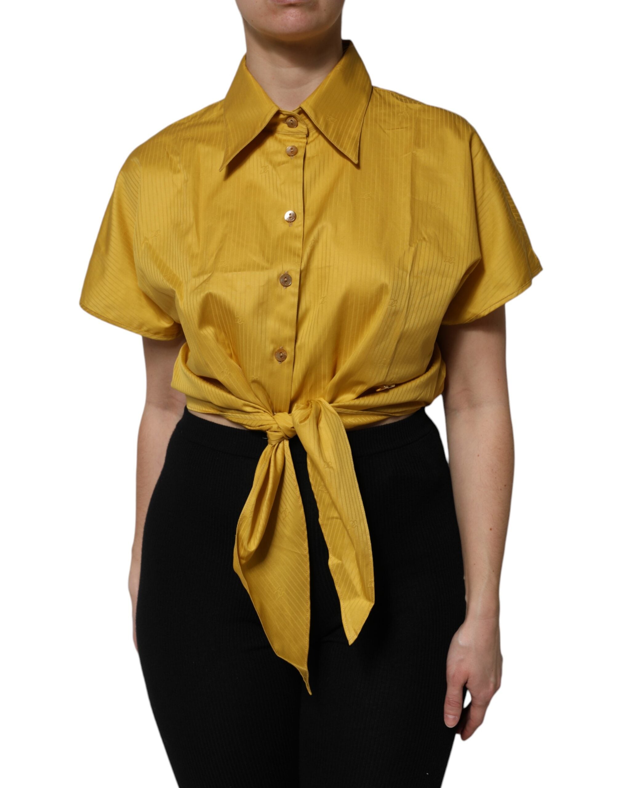 Mustard Collared Short Sleeves Blouse Top - ventzia