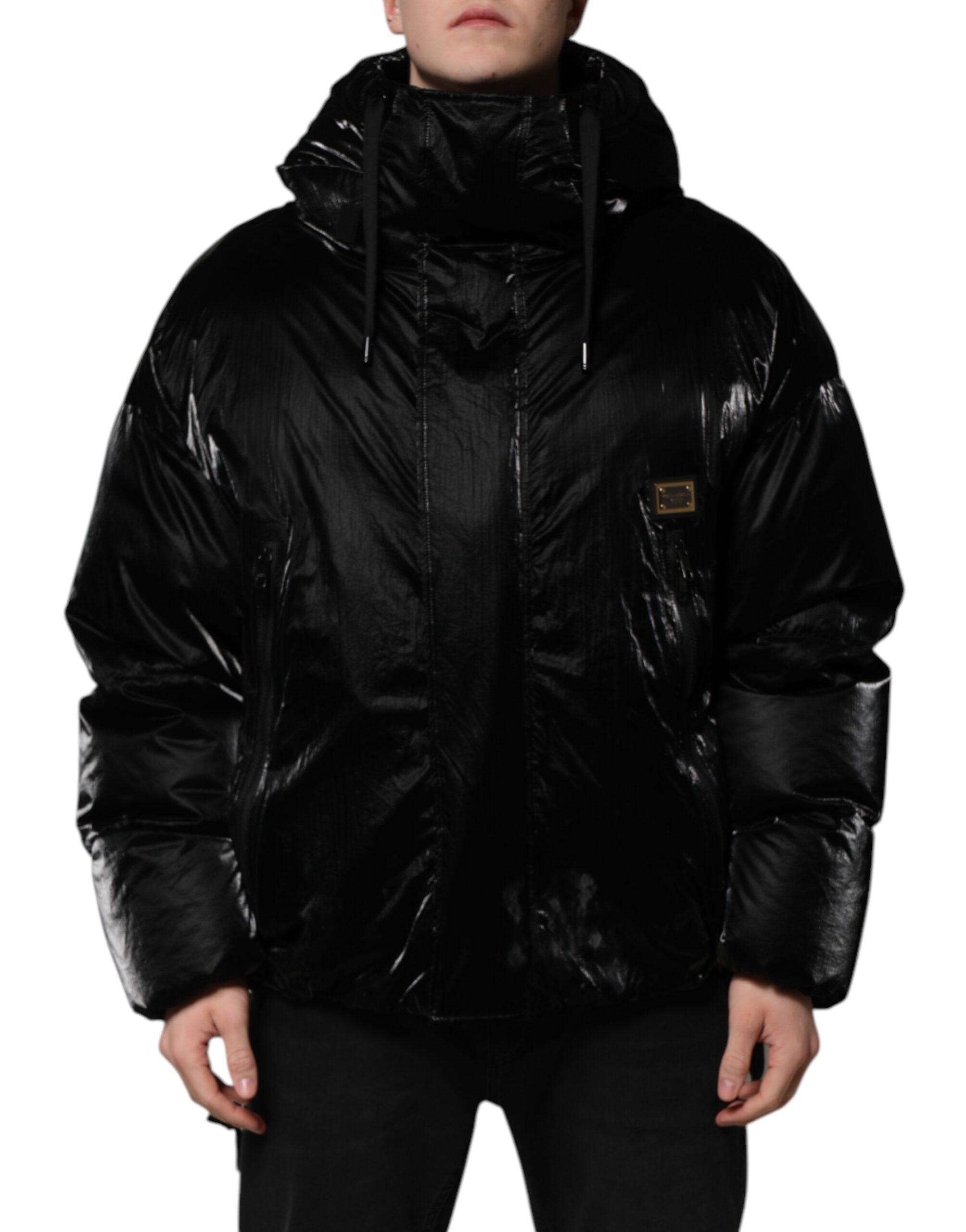 Black Logo Full Zip Hooded Quilted Jacket - ventzia