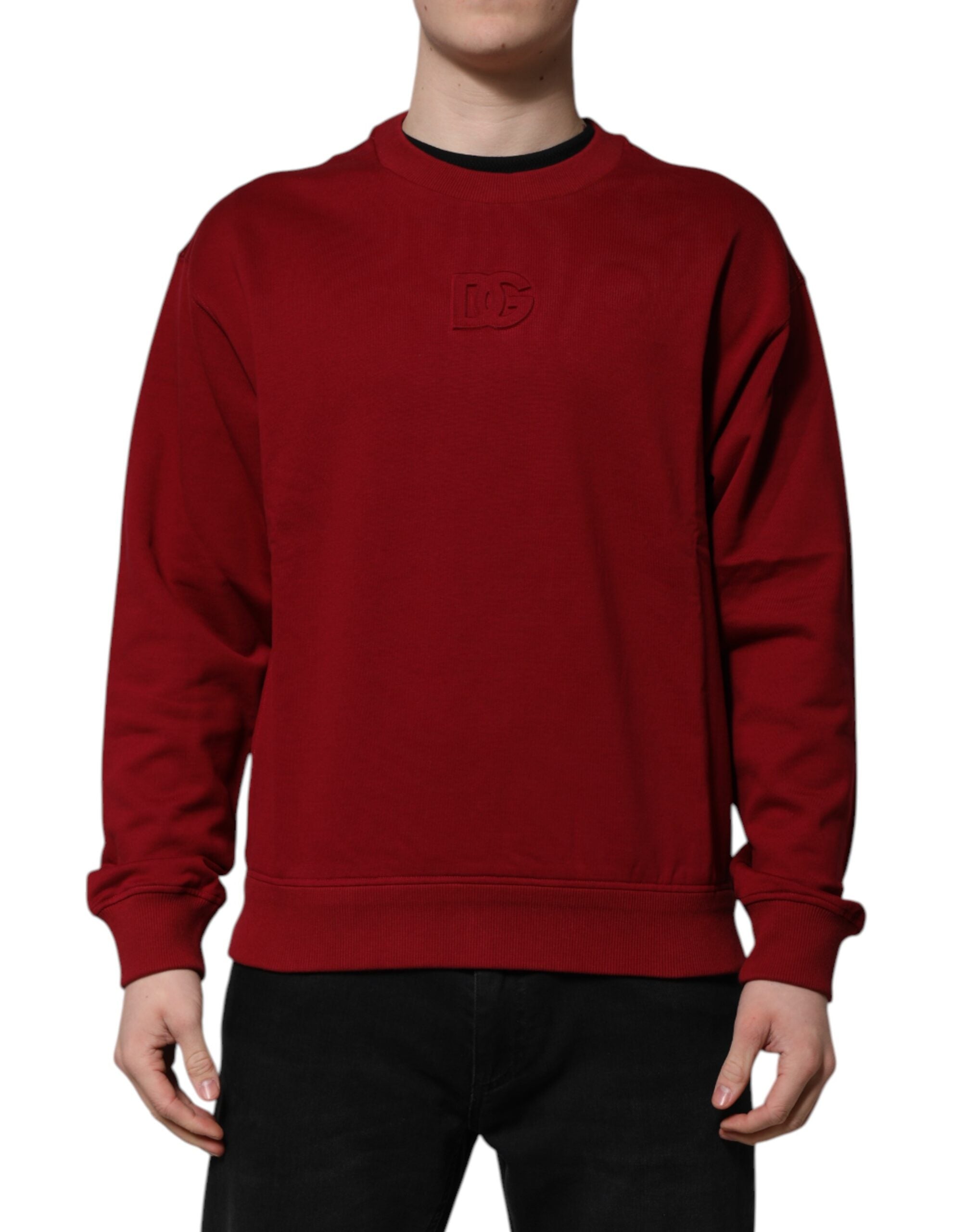 Red Embossed Logo Cotton Crew Neck Sweater - ventzia
