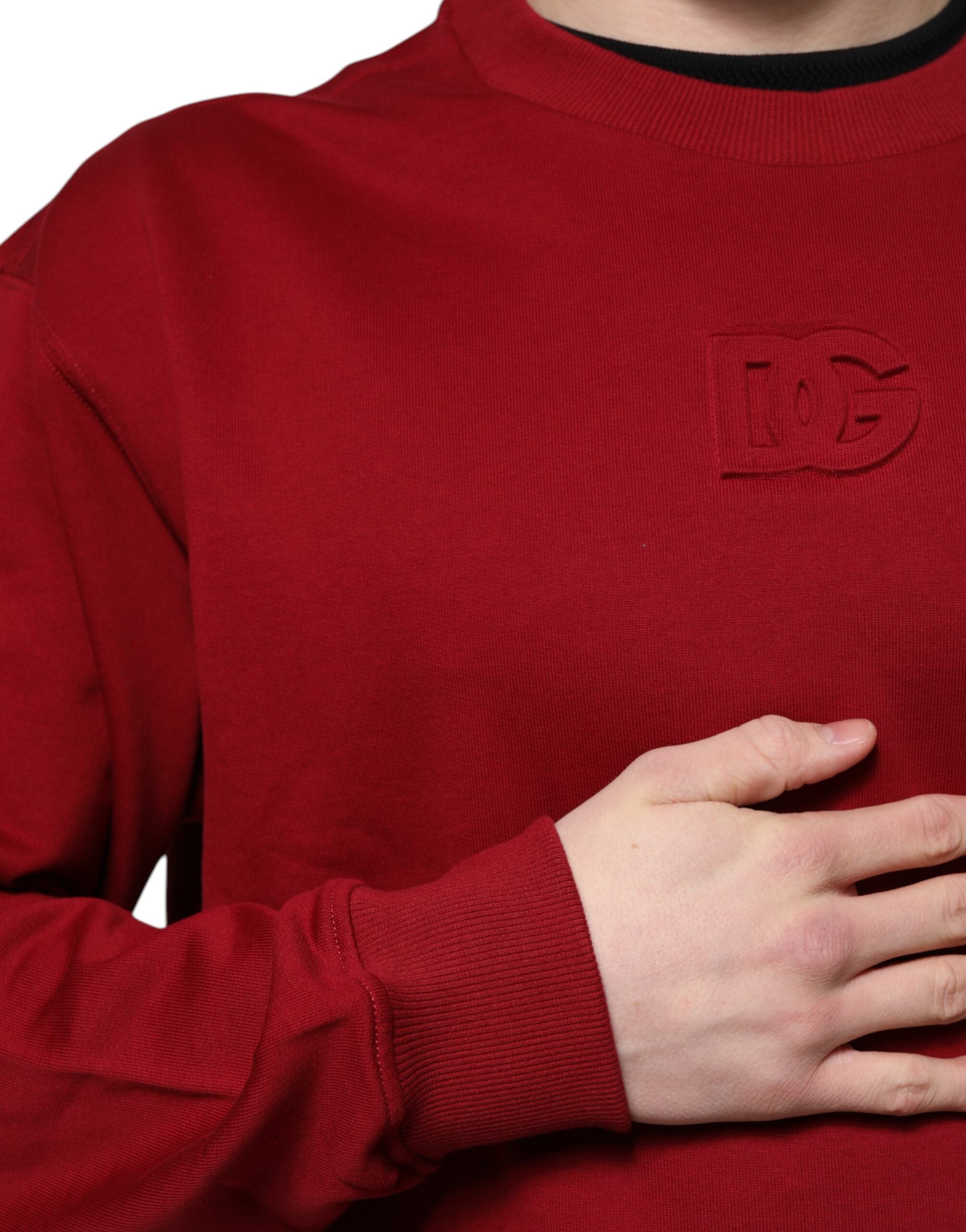 Red Embossed Logo Cotton Crew Neck Sweater - ventzia