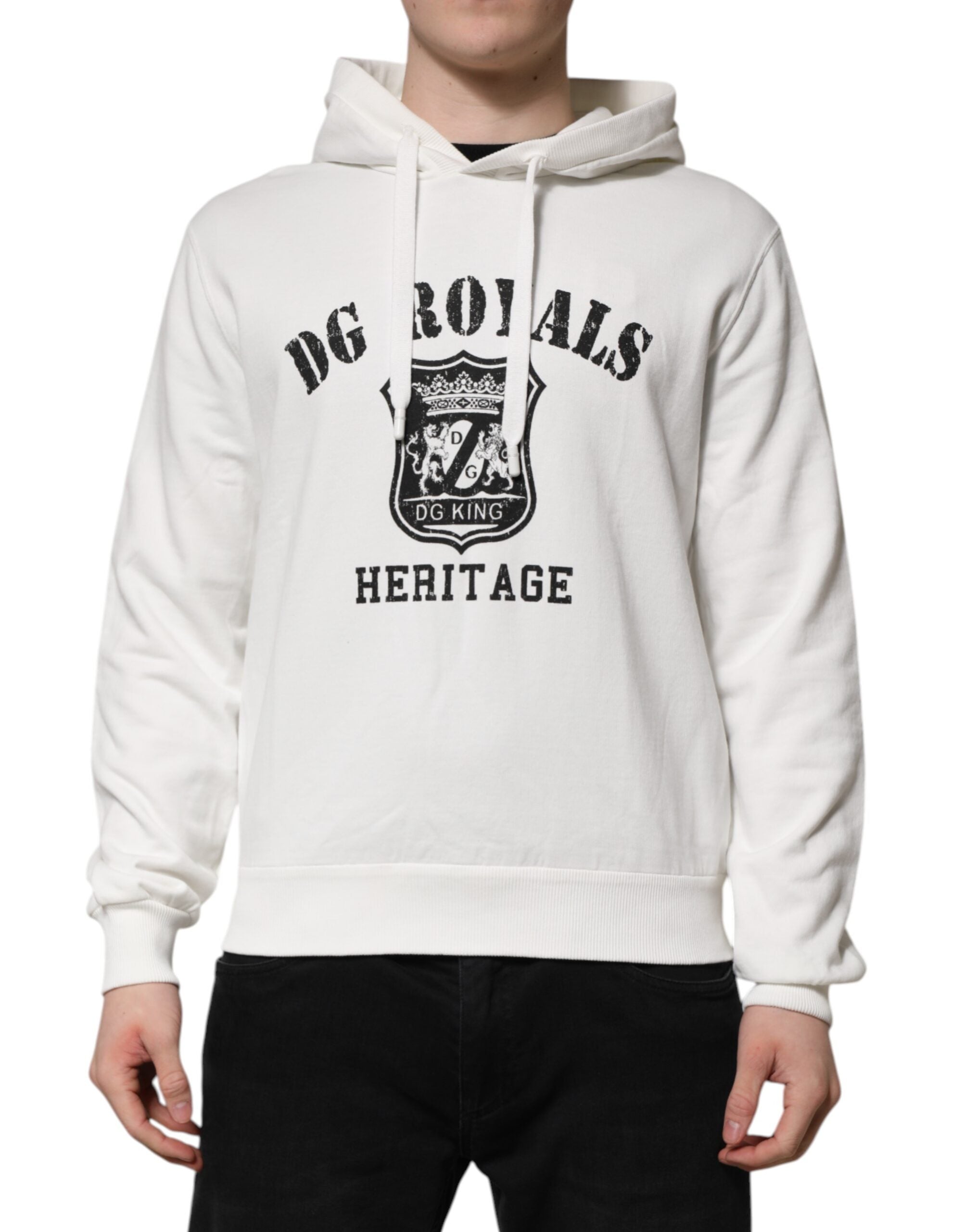 White Cotton DG ROYAL Print Hooded Sweater - ventzia