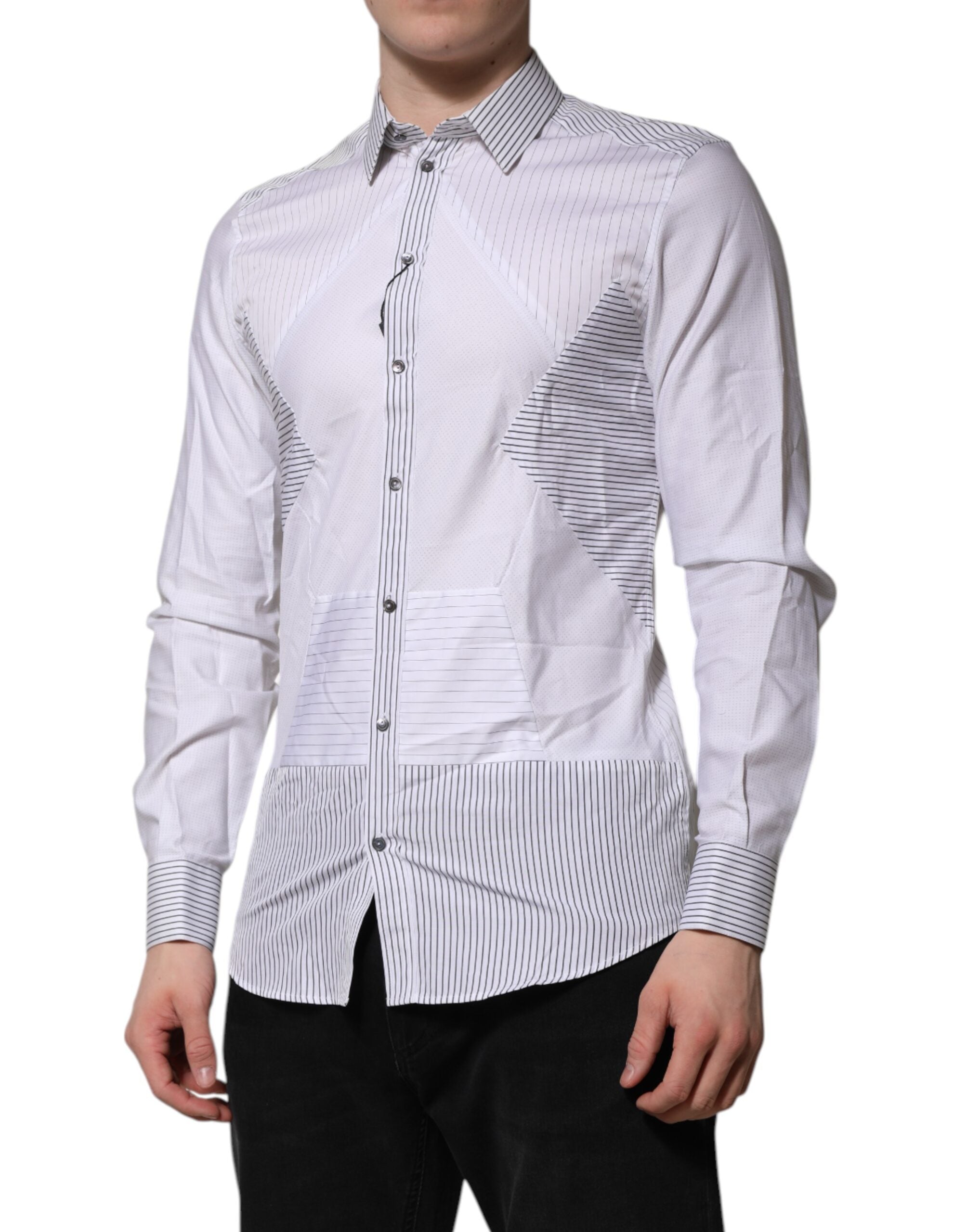 White Striped GOLD Long Sleeves Dress Shirt - ventzia