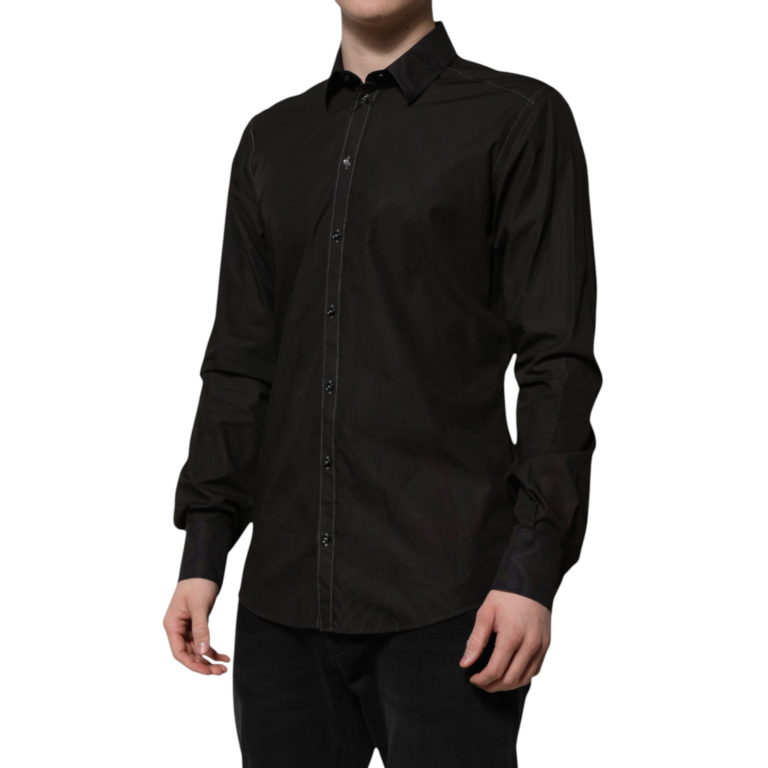 Black Cotton Jacquard GOLD Collar Dress Shirt - ventzia