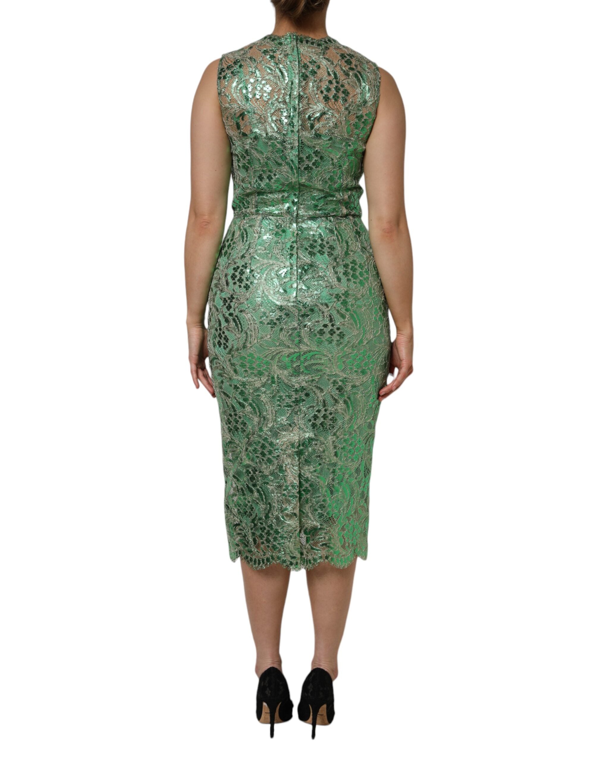 Green Cotton Floral Lace Sheath Midi Dress - ventzia