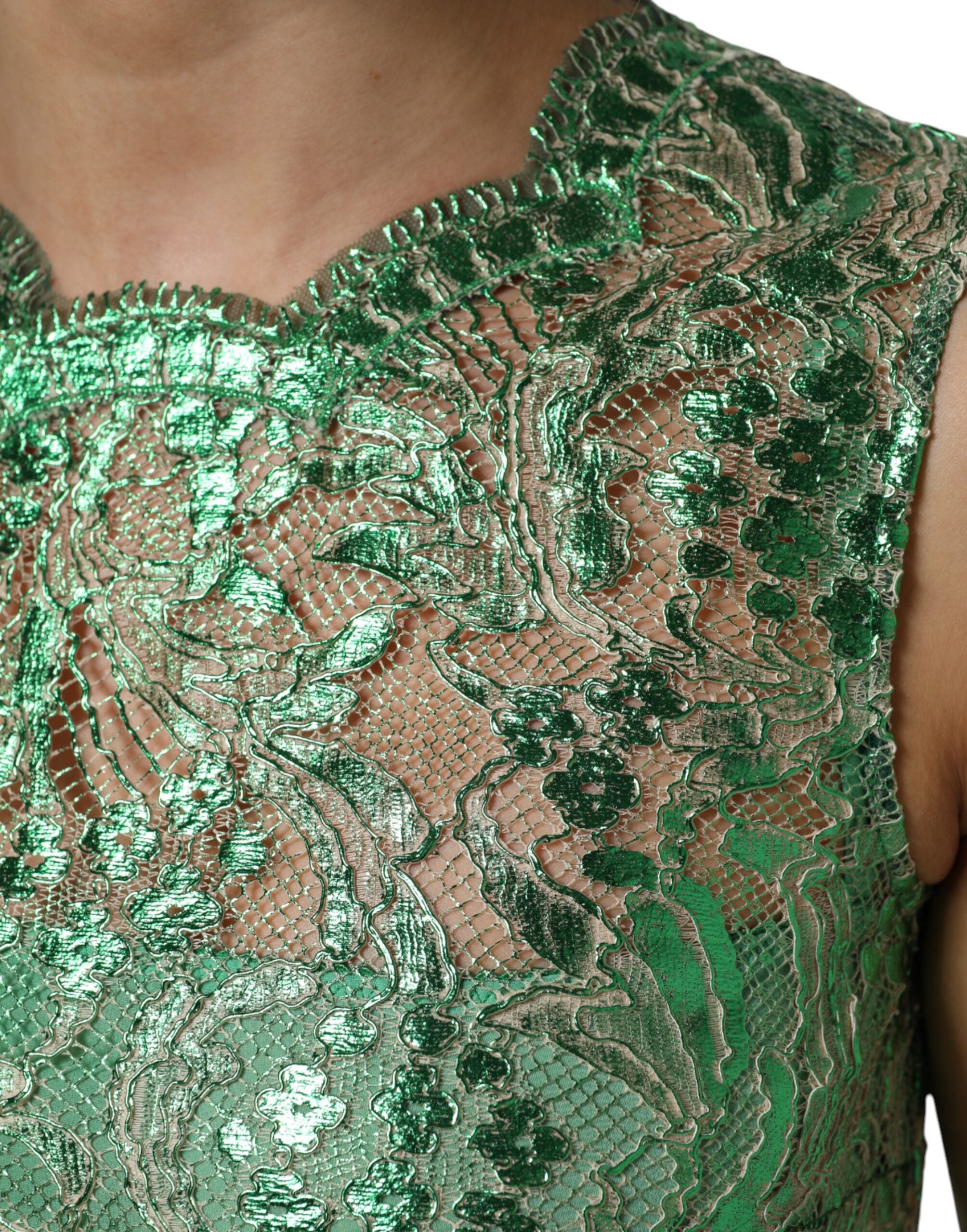 Green Cotton Floral Lace Sheath Midi Dress - ventzia