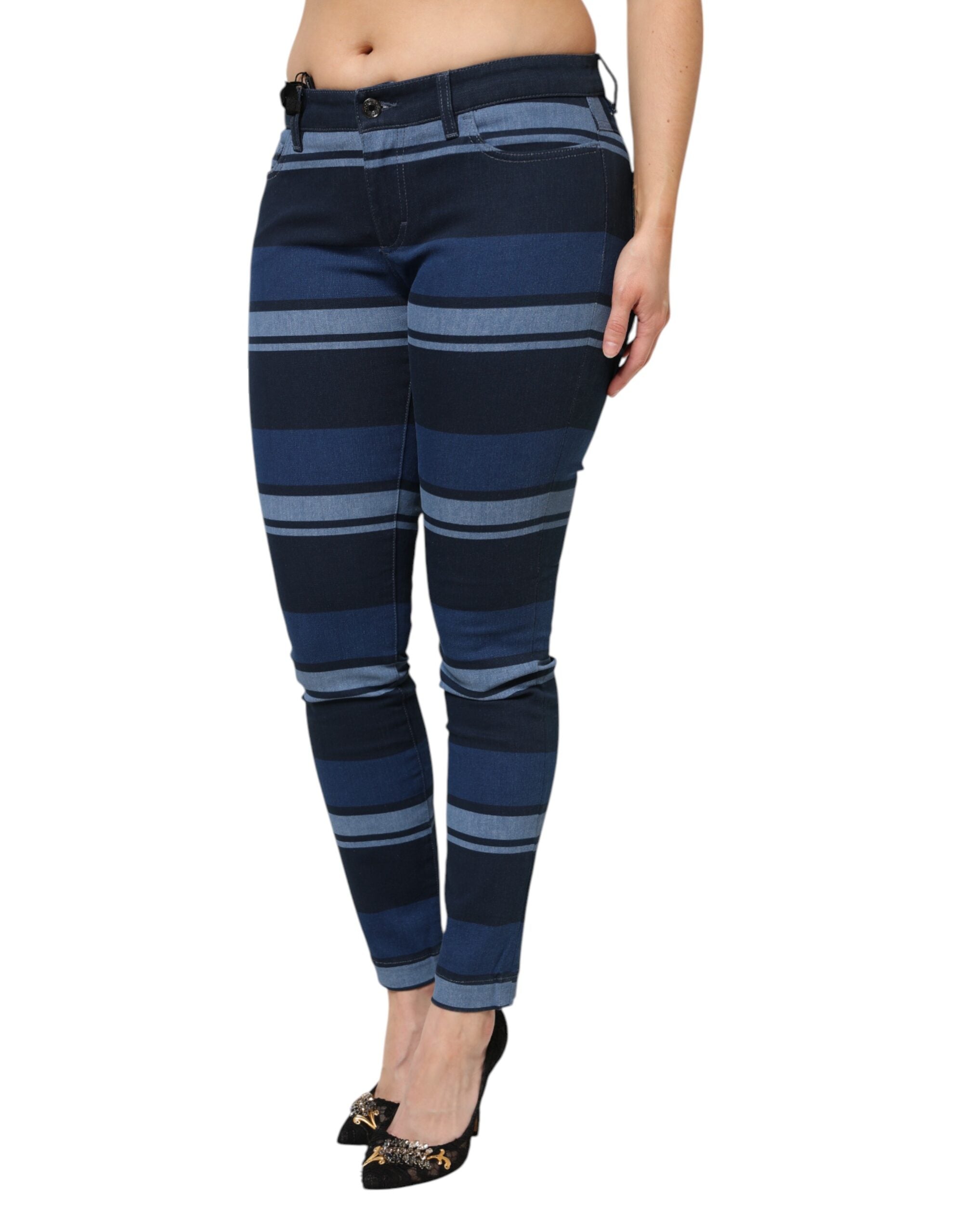 Blue Striped Cotton Stretch Denim Jeans - ventzia
