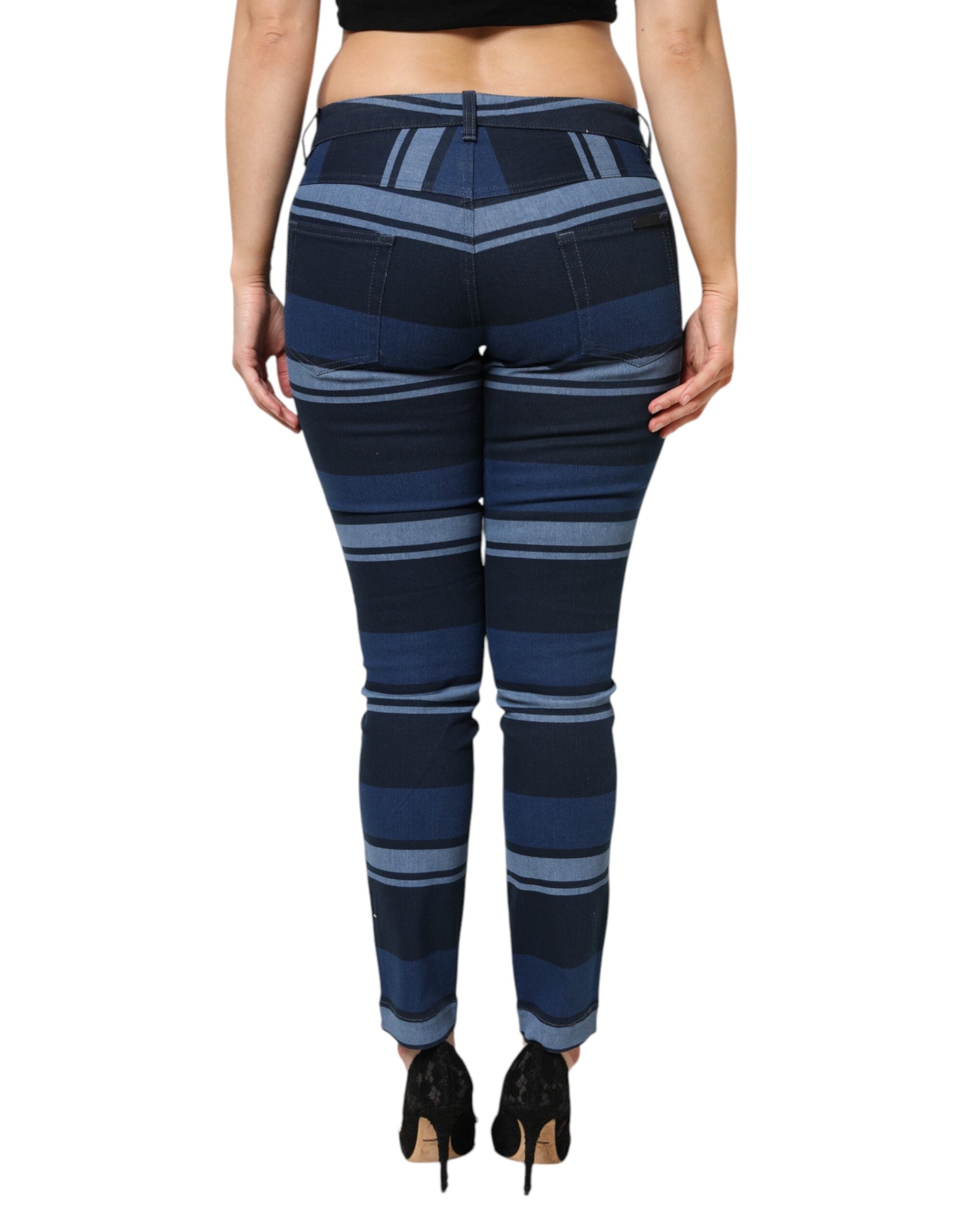 Blue Striped Cotton Stretch Denim Jeans - ventzia