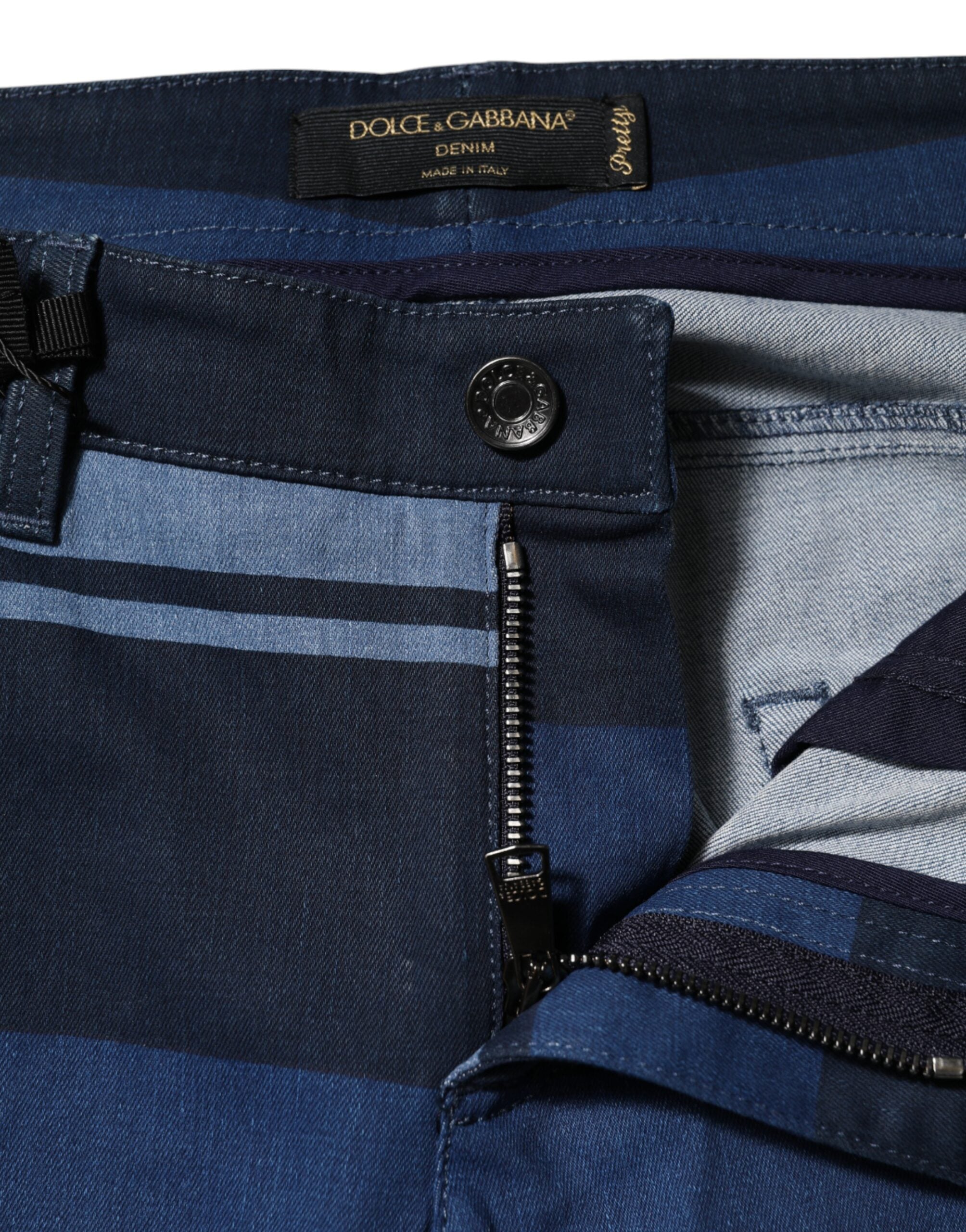 Blue Striped Cotton Stretch Denim Jeans - ventzia