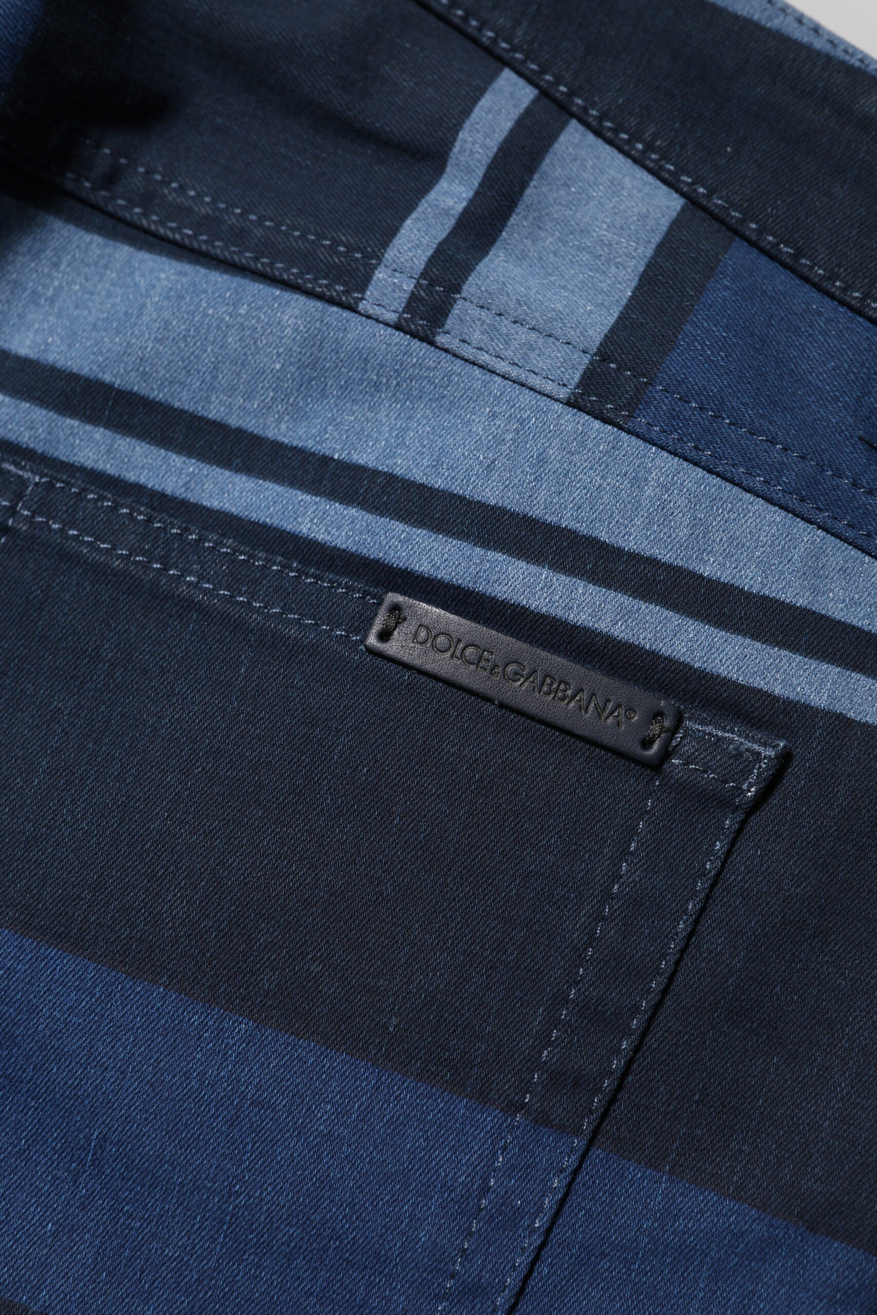Blue Striped Cotton Stretch Denim Jeans - ventzia