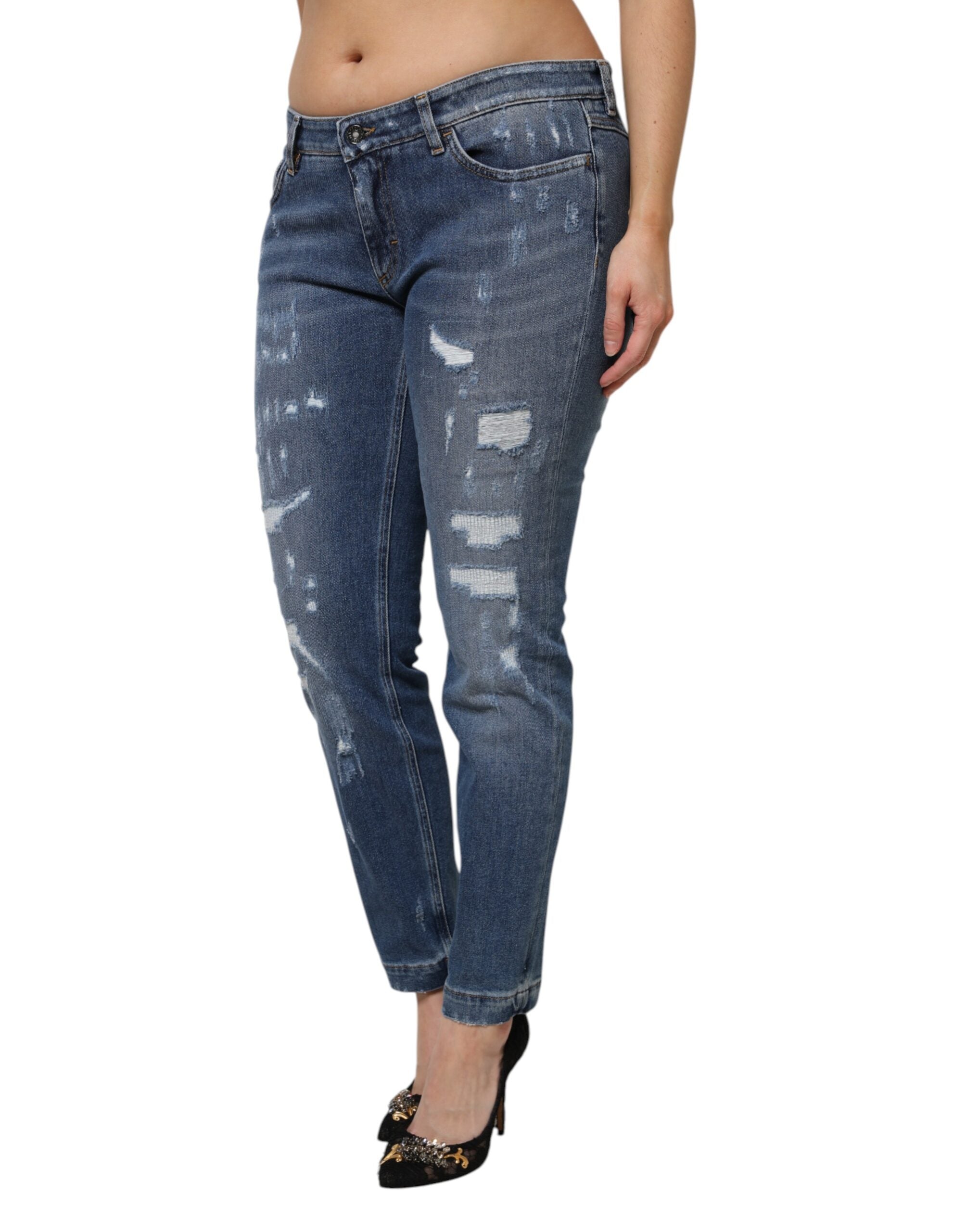 Blue Tattered Cotton Low Waist Denim Jeans - ventzia