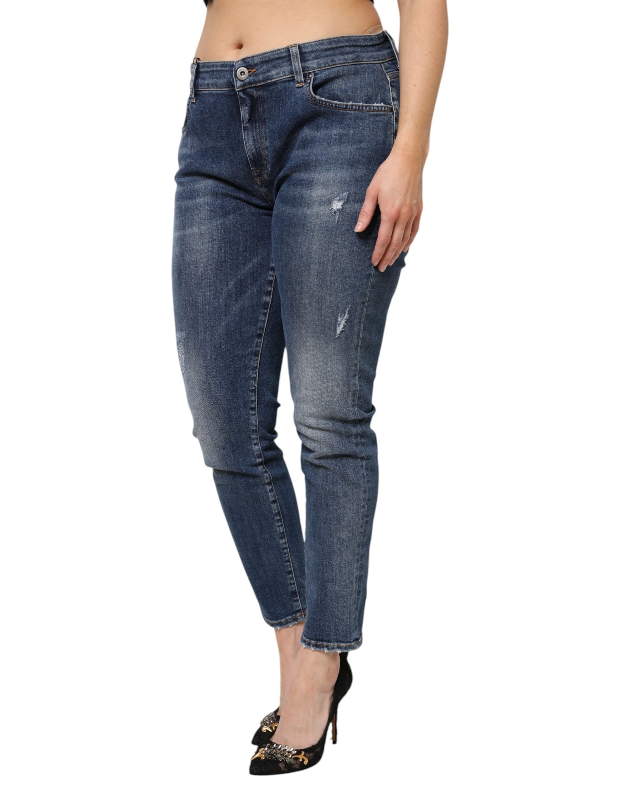 Blue Washed Cotton Low Waist Denim Jeans - ventzia