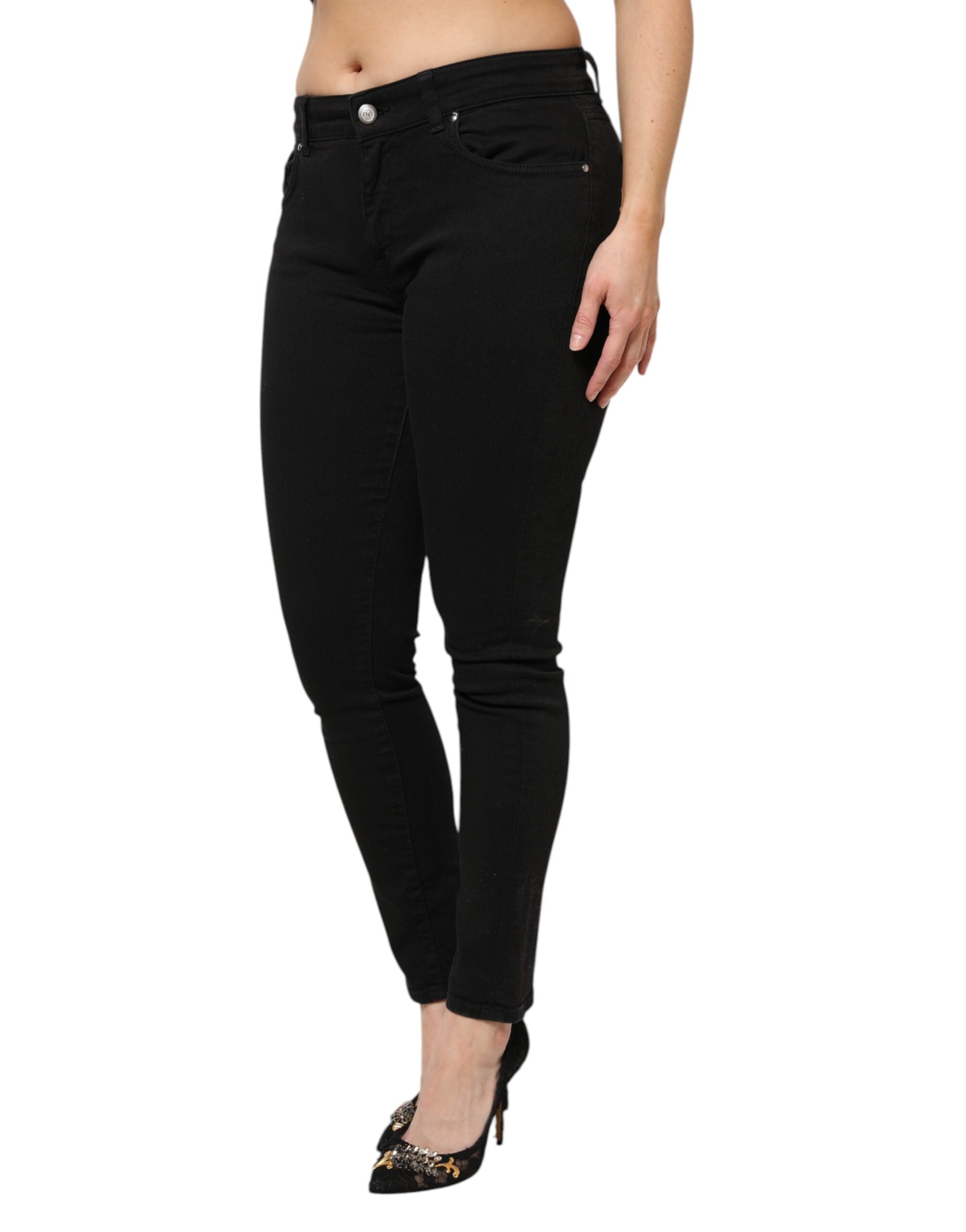 Black Cotton Mid Waist Denim Jeans - ventzia