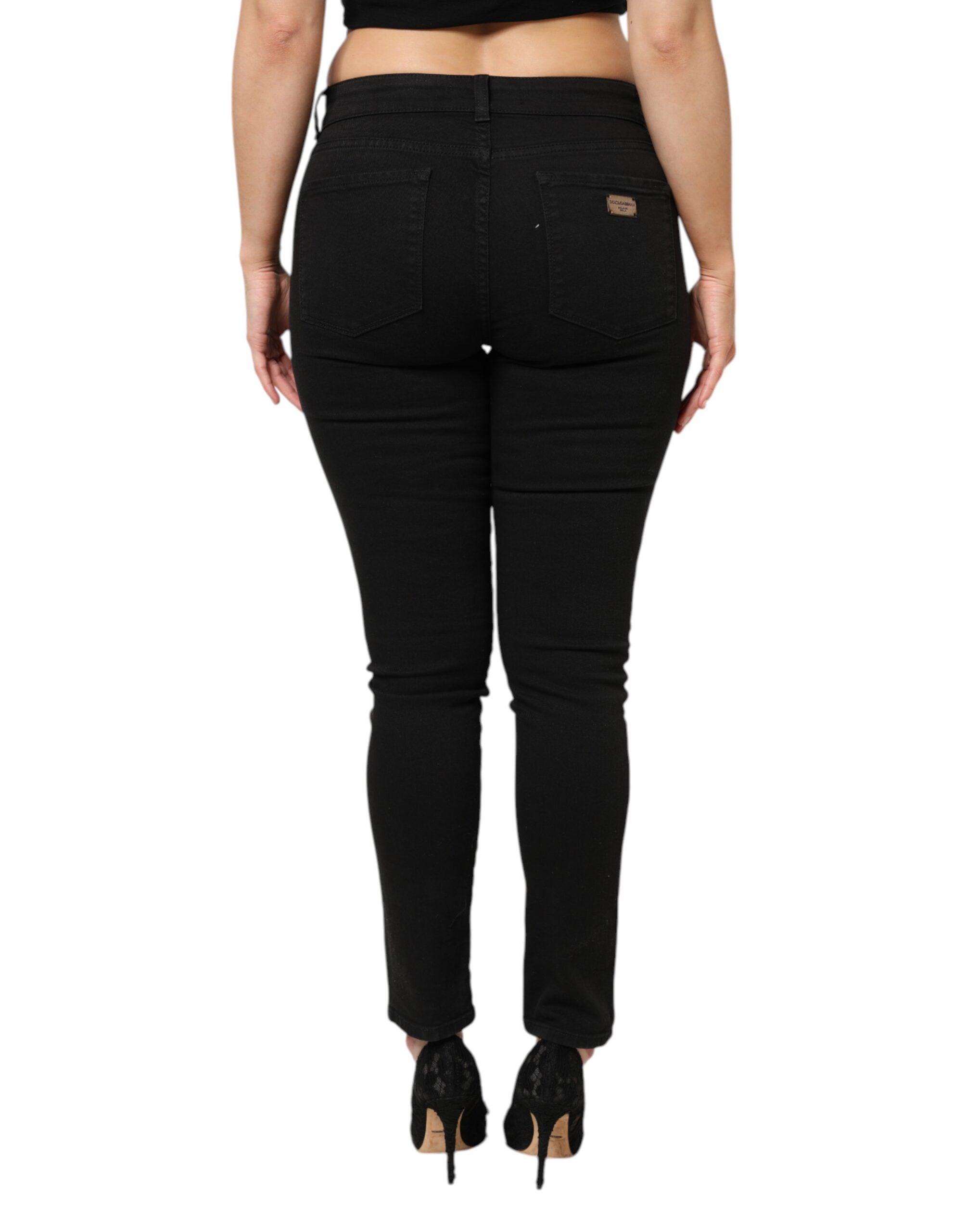 Black Cotton Mid Waist Denim Jeans - ventzia