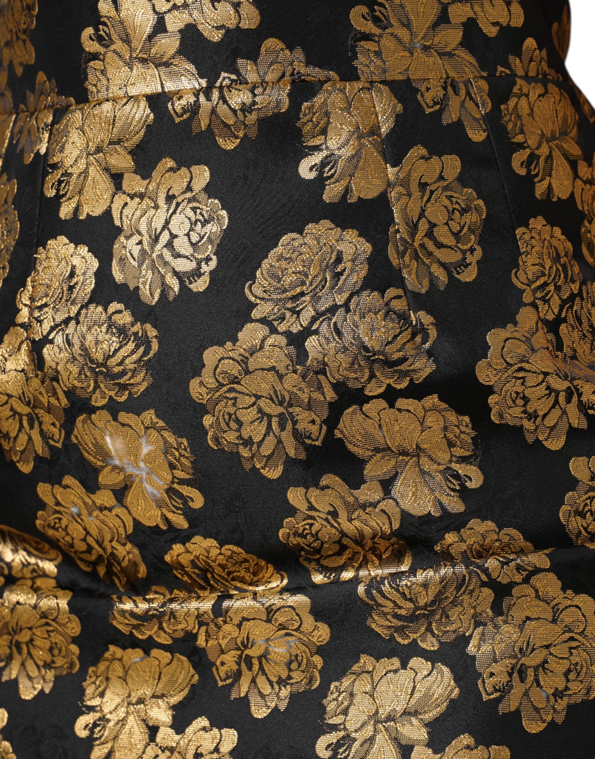 Black Gold Floral Print Jacquard Mini Skirt - ventzia