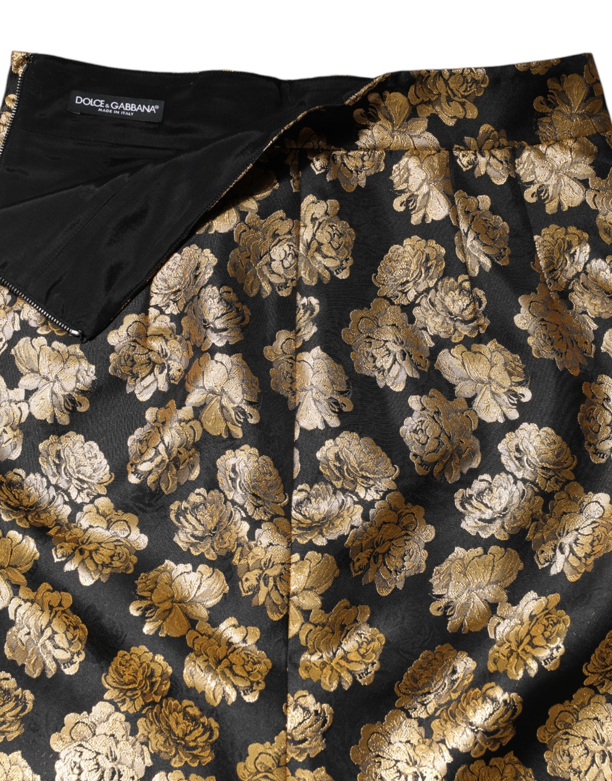 Black Gold Floral Print Jacquard Mini Skirt - ventzia